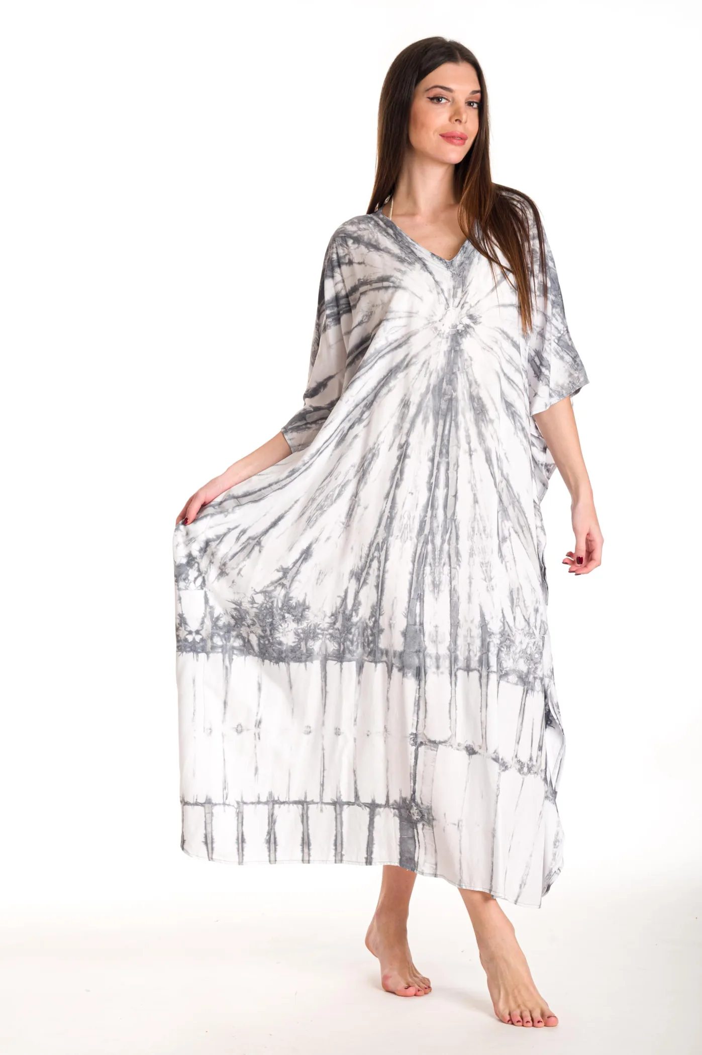 Καφτανι βισκοζ tie dye - Άσπρο;Γκρί καφτάνι παραλίας από βισκόζ για καλοκαιρινές resort εμφανίσεις