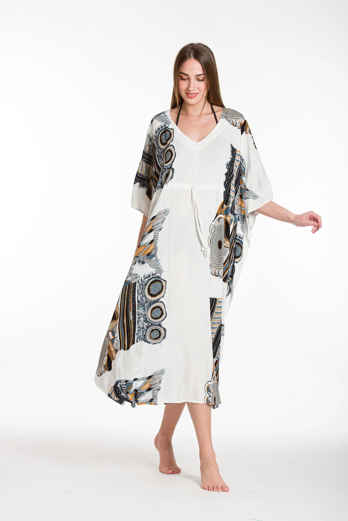 Καφτανι βισκοζ τσαλακωτο με adjuster - Άσπρο καφτάνι παραλίας από βισκόζ για καλοκαιρινές resort εμφανίσεις