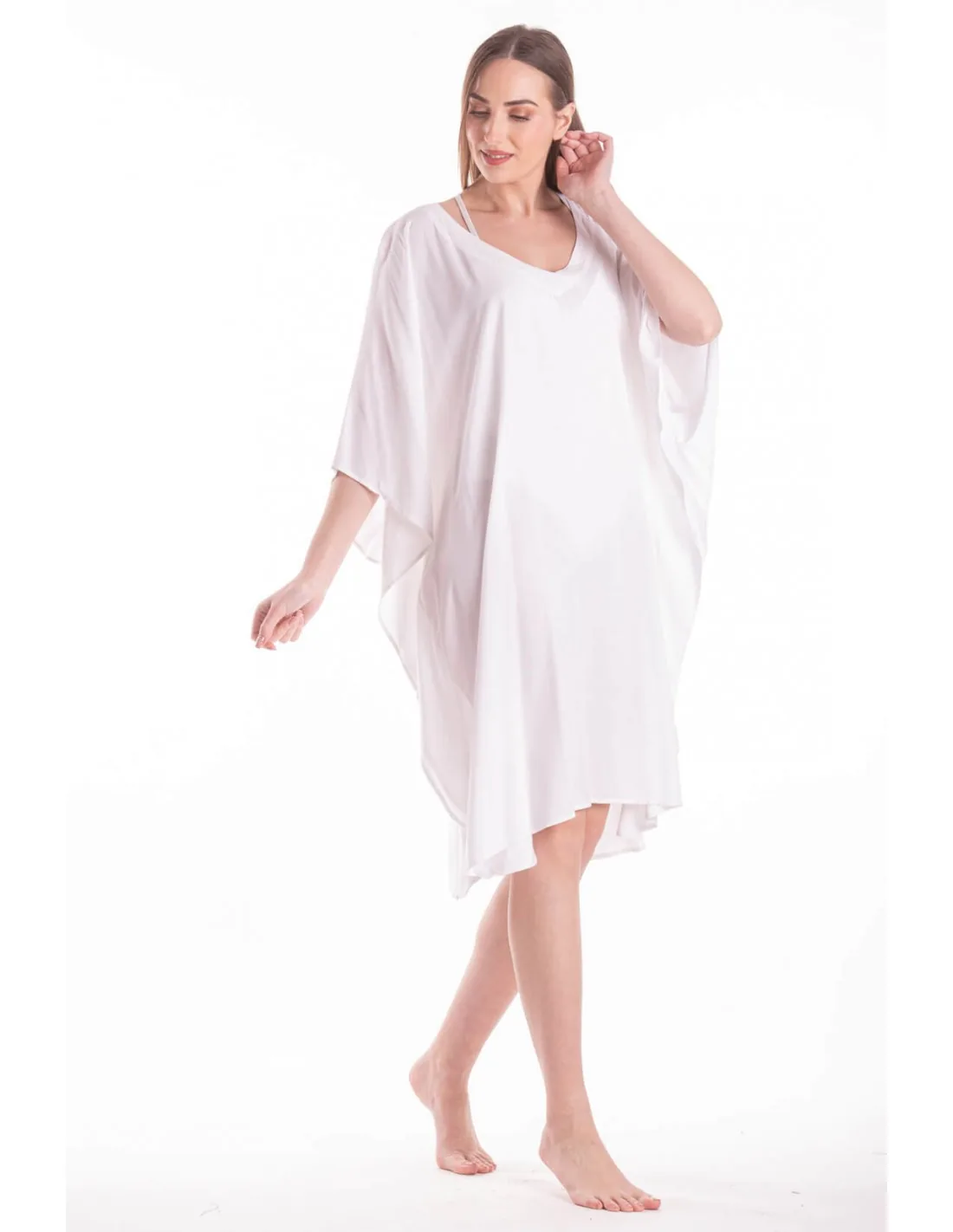 Λευκό καφτανι μονοχρωμο midi viscose - Άσπρο καφτάνι παραλίας από βισκόζ για καλοκαιρινές resort εμφανίσεις
