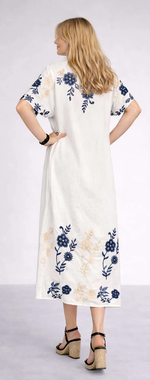 Ασπρο μονοχρωμο βισκοζ - λινο resort wear καφτάνι με κεντημα - Άσπρο καφτάνι παραλίας από βισκόζ για καλοκαιρινές resort εμφανίσεις