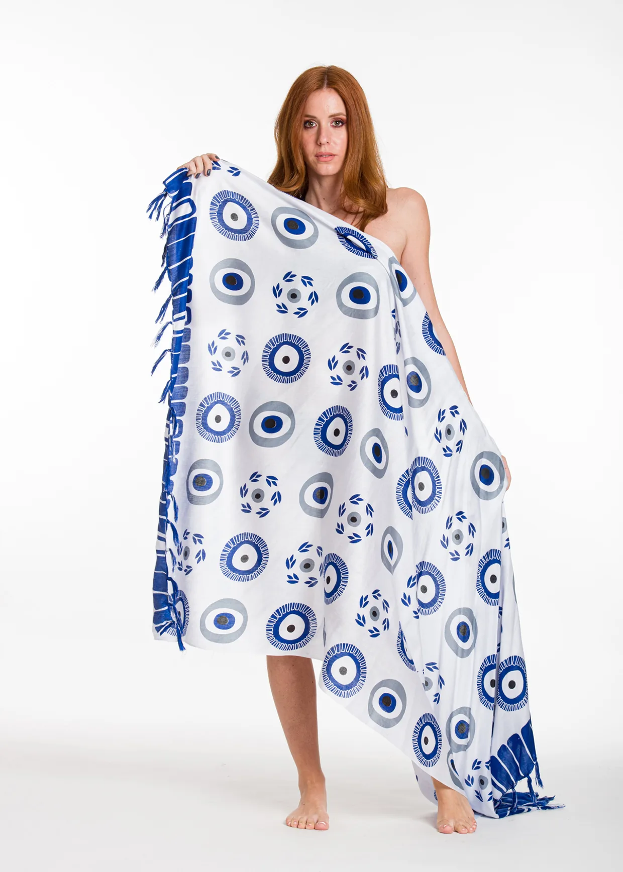 Παρεο ματι viscose με κροσσια - Άσπρο;Μπλέ παρεό παραλίας για καλοκαιρινές resort εμφανίσεις