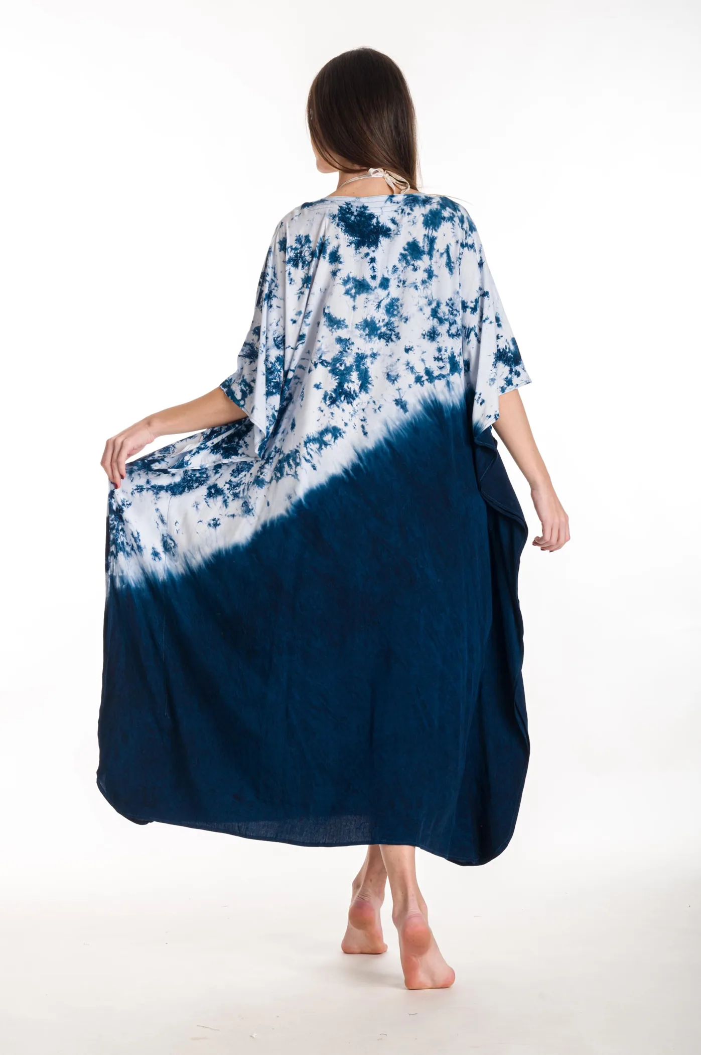 Καφτανι βισκοζ tie dye - Άσπρο;Navy Blue καφτάνι παραλίας από βισκόζ για καλοκαιρινές resort εμφανίσεις