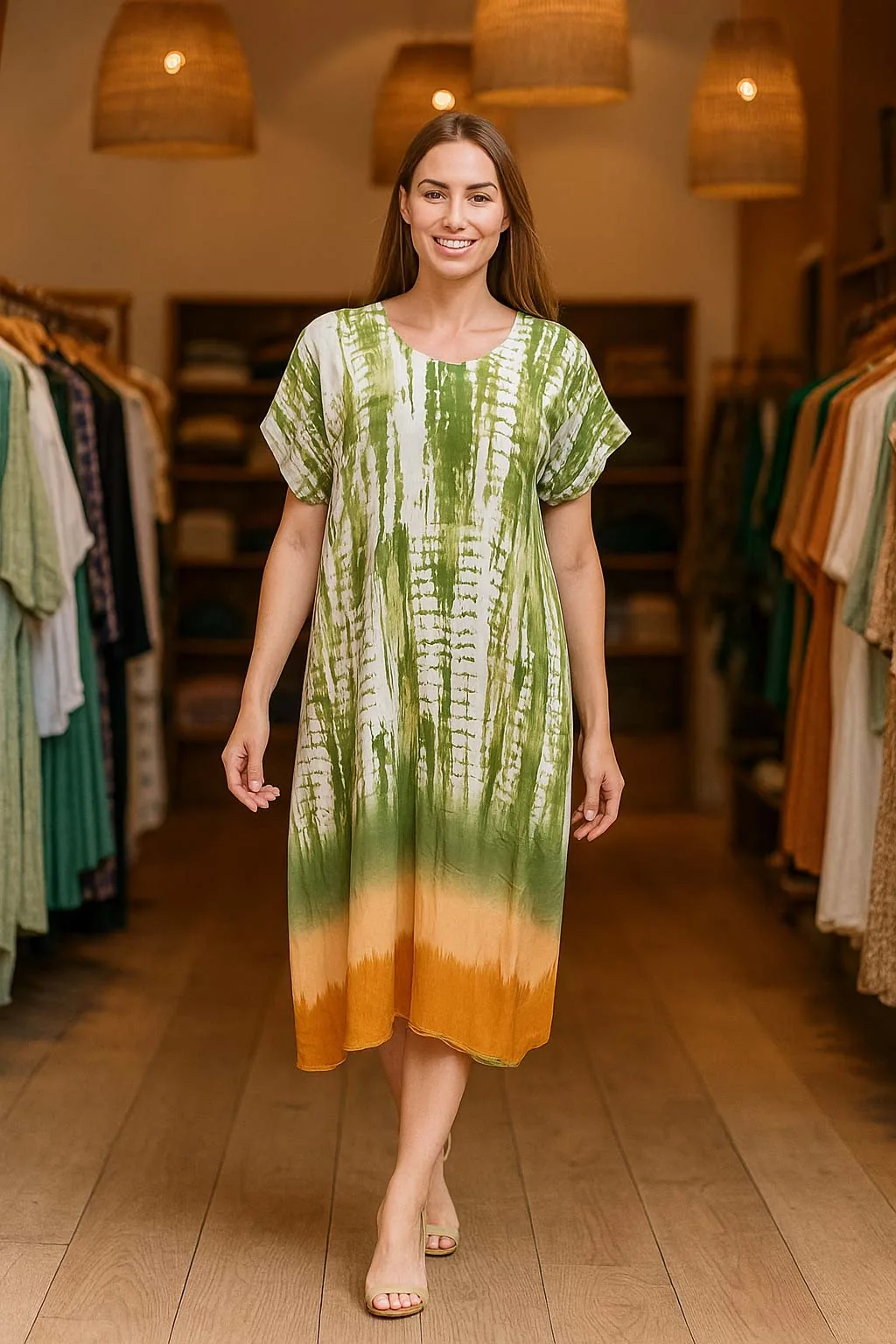 Καφτανι - φορεμα maxi βισκοζ shibori tie dye με κοντο μανικι - Χακί φόρεμα παραλίας από βισκόζ για καλοκαιρινές resort εμφανίσεις
