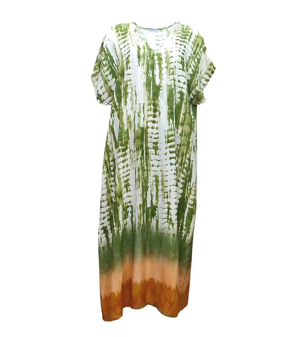 Καφτανι - φορεμα maxi βισκοζ shibori tie dye με κοντο μανικι - καφτάνια-παρεό - kaftania.gr - Χακί φόρεμα παραλίας από βισκόζ για καλοκαιρινές resort εμφαν