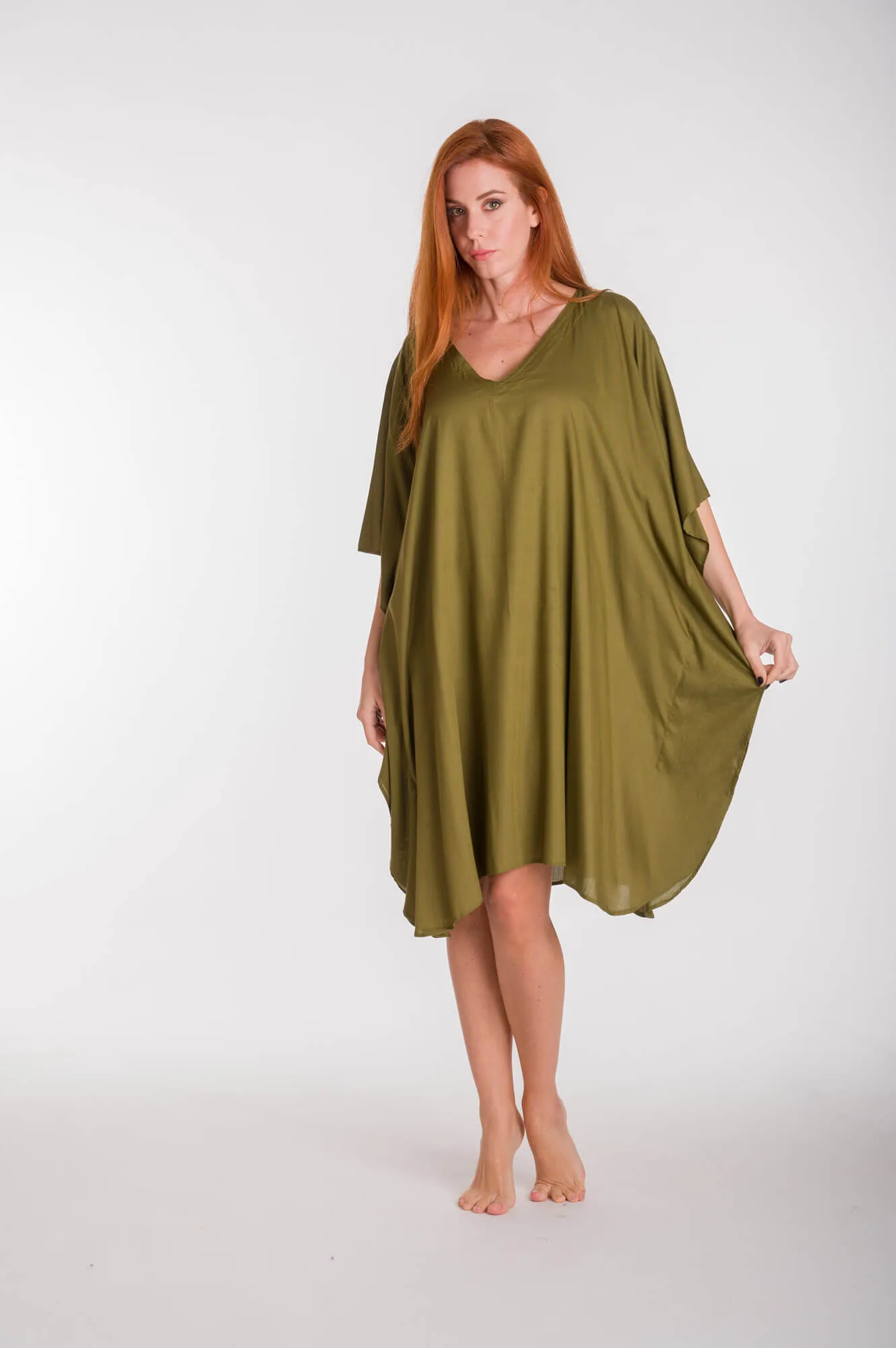 Καφτανι μονοχρωμο midi viscose - Χακί καφτάνι παραλίας από βισκόζ για καλοκαιρινές resort εμφανίσεις