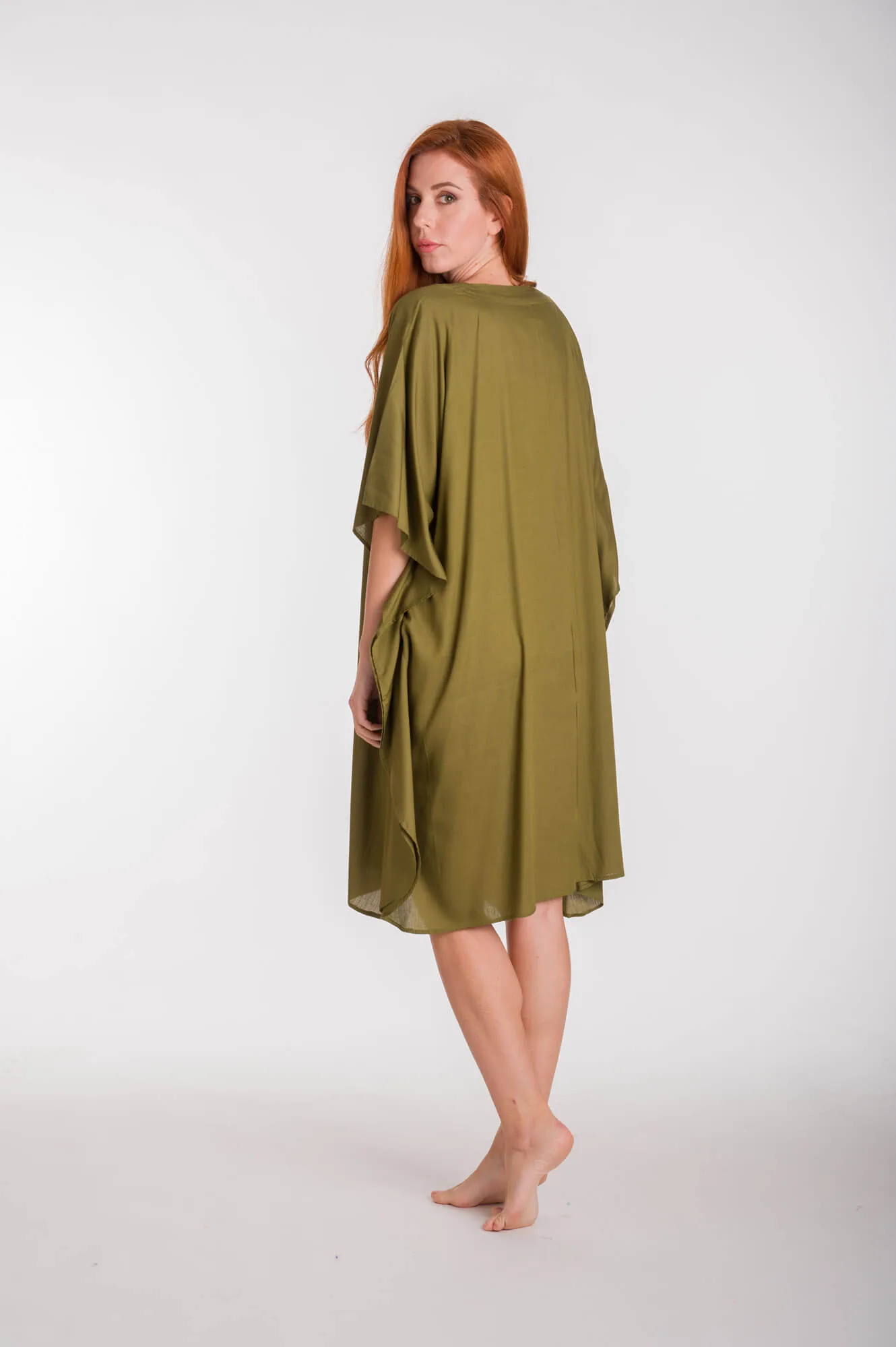 Καφτανι μονοχρωμο midi viscose - Χακί καφτάνι παραλίας από βισκόζ για καλοκαιρινές resort εμφανίσεις