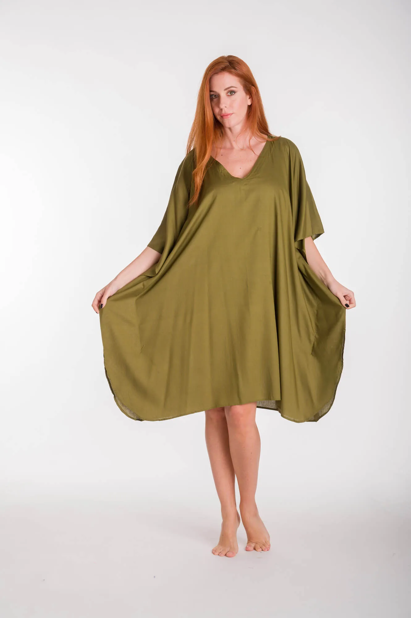 Καφτανι μονοχρωμο midi viscose - Χακί καφτάνι παραλίας από βισκόζ για καλοκαιρινές resort εμφανίσεις