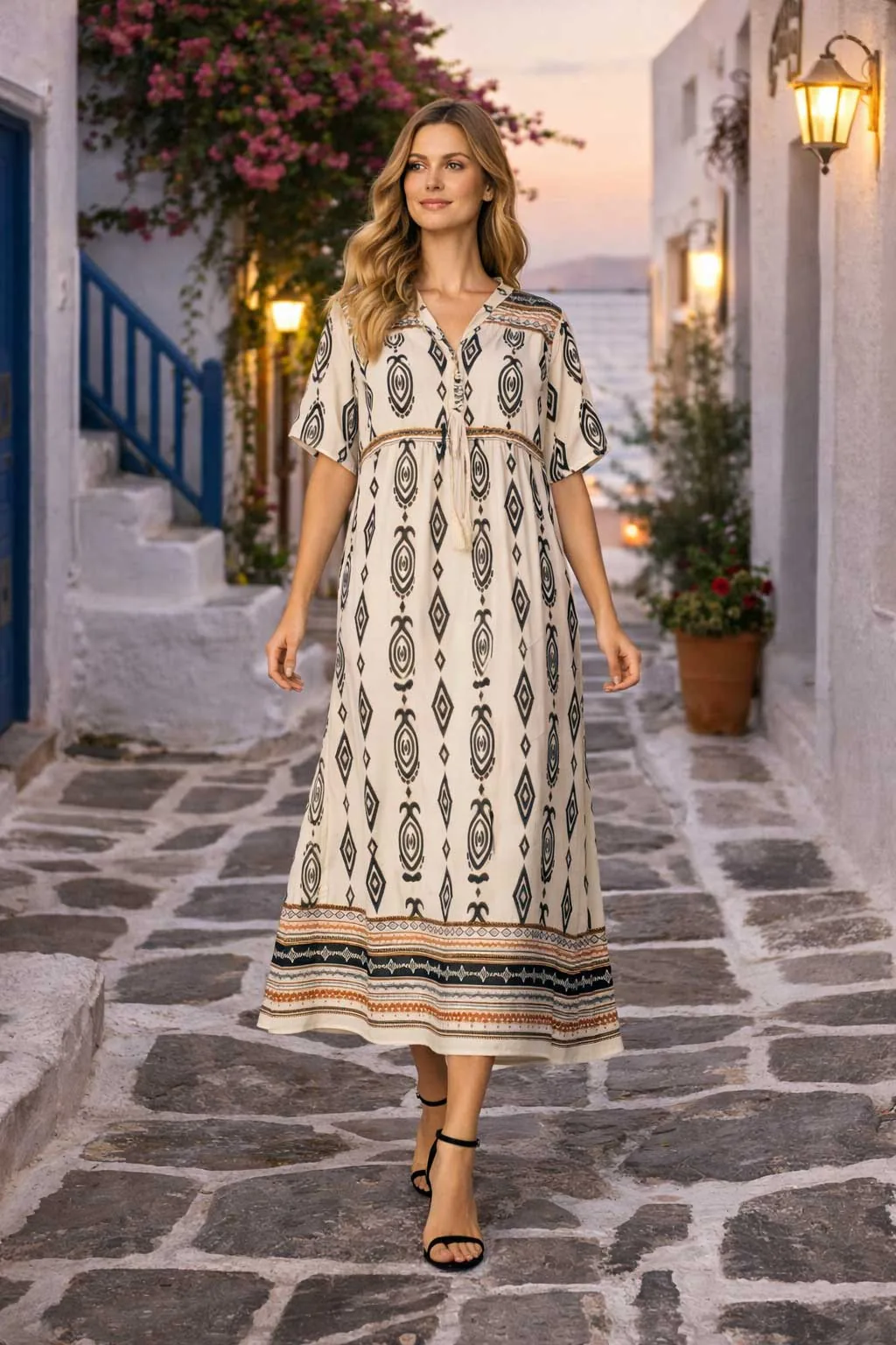 Εκρου boho resort ethnic print βισκοζ- λινό καφτάνι - φορεμα με κοντό μανικι - Εκρού παρεό παραλίας από βισκόζ για καλοκαιρινές resort εμφανίσεις