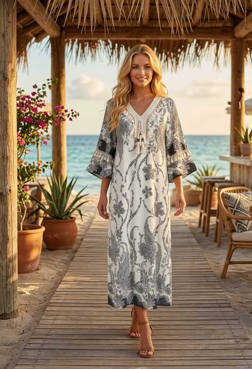 Navy blue resort βισκοζ- λινό καφτάνι - φορεμα με τρουκαρ μανικια - Εκρού;Navy Blue παρεό παραλίας από βισκόζ για καλοκαιρινές resort εμφανίσεις