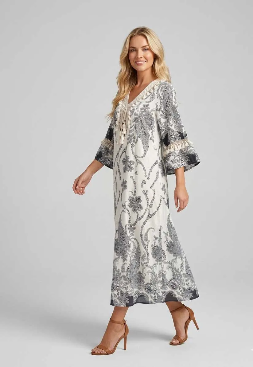 Navy blue resort βισκοζ- λινό καφτάνι - φορεμα με τρουκαρ μανικια - Εκρού;Navy Blue φόρεμα παραλίας από βισκόζ για καλοκαιρινές resort εμφανίσεις