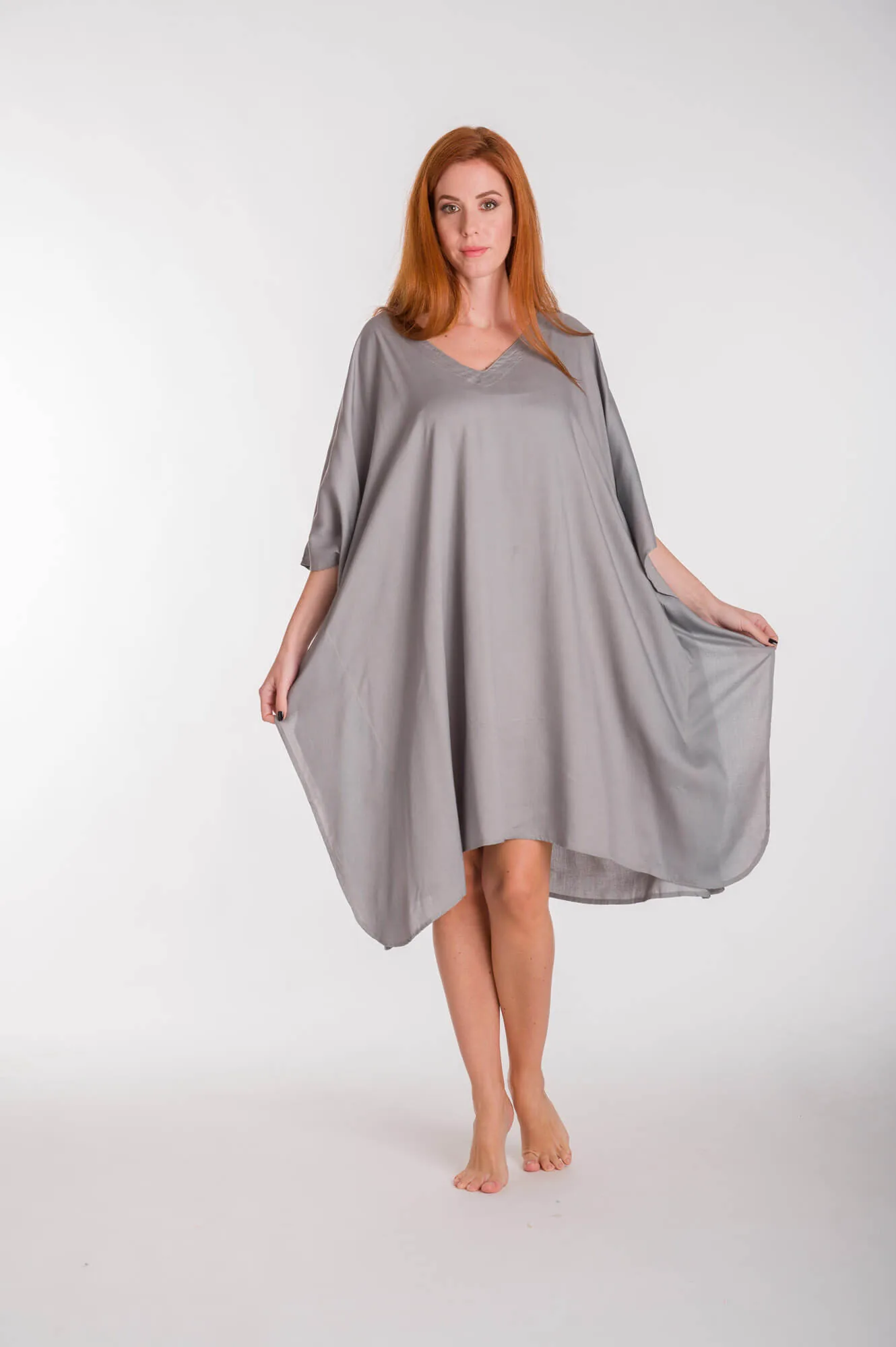 Καφτανι μονοχρωμο midi viscose - Γκρί καφτάνι παραλίας από βισκόζ για καλοκαιρινές resort εμφανίσεις