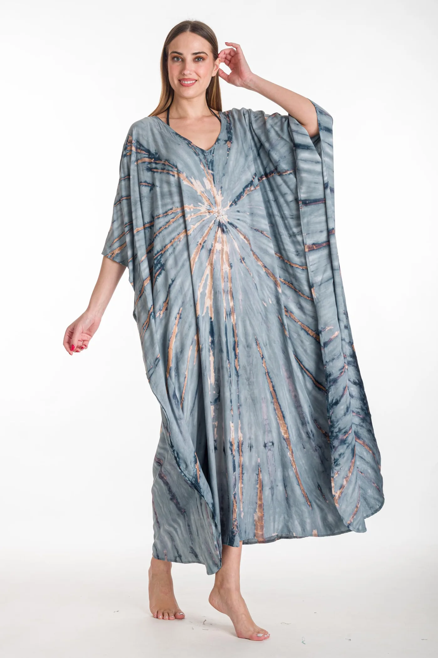Καφτανι βισκοζ tie dye - Γκρί καφτάνι παραλίας από βισκόζ για καλοκαιρινές resort εμφανίσεις