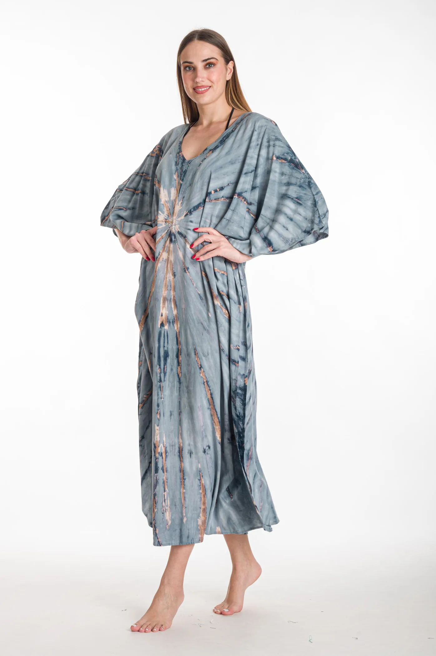 Καφτανι βισκοζ tie dye - Γκρί καφτάνι παραλίας από βισκόζ για καλοκαιρινές resort εμφανίσεις