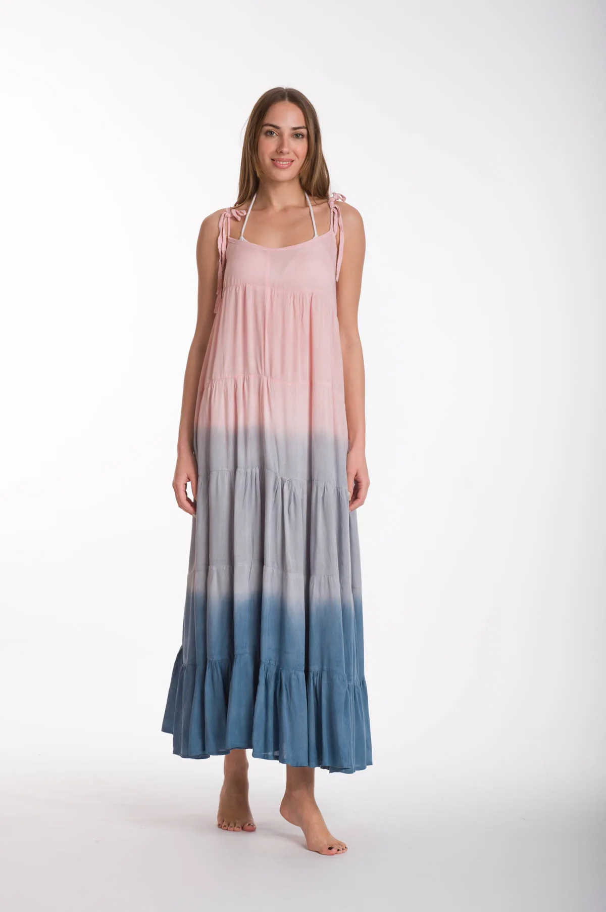 Φορεμα ραντακι tie dye ντεγκραντε viscose - Γκρί;Ράφ;Σομόν φόρεμα παραλίας για καλοκαιρινές resort εμφανίσεις