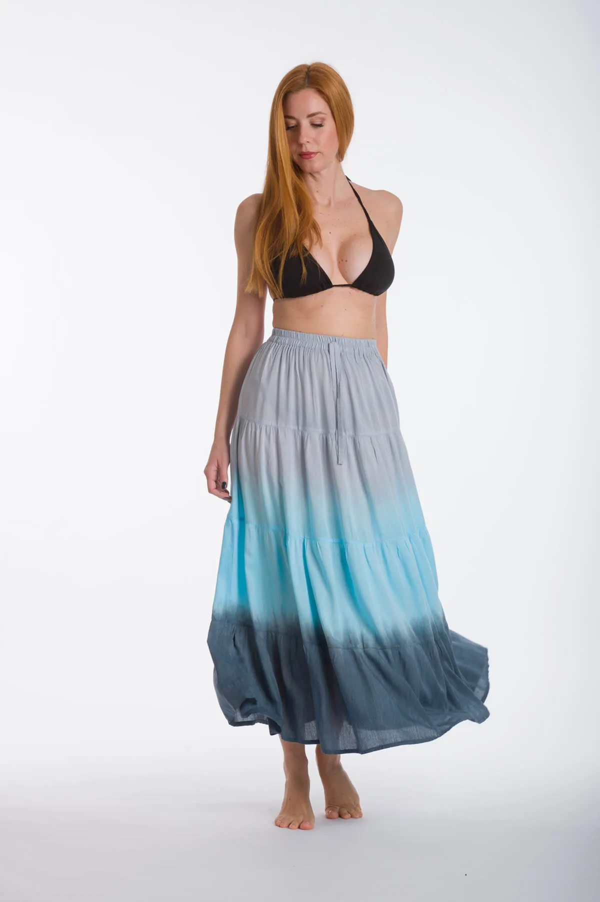 Φουστα tie dye βισκοζ ντεγκαρντε με γυρο λαστιχο - Γκρί;Τυρκουάζ resort wear προϊόν από βισκόζ για καλοκαιρινές resort εμφανίσεις