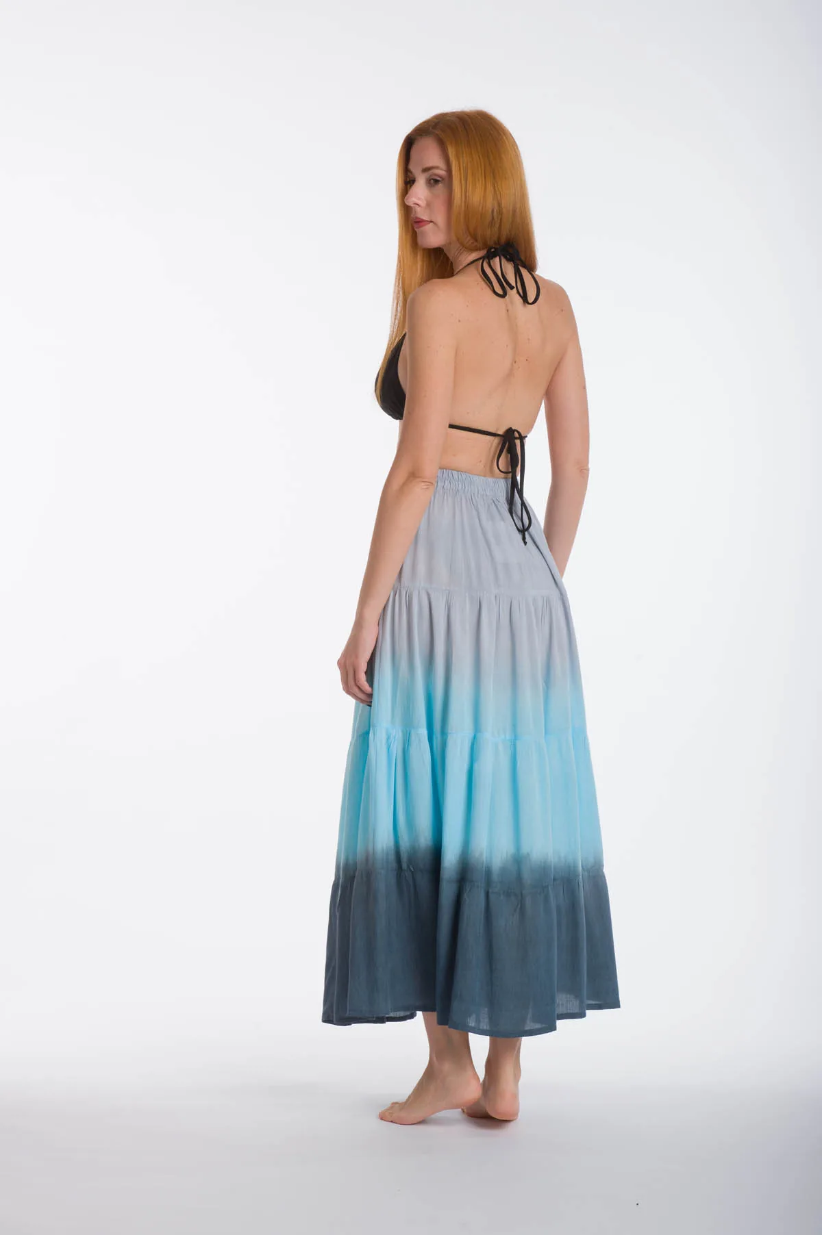 Φουστα tie dye βισκοζ ντεγκαρντε με γυρο λαστιχο - Γκρί;Τυρκουάζ resort wear προϊόν από βισκόζ για καλοκαιρινές resort εμφανίσεις