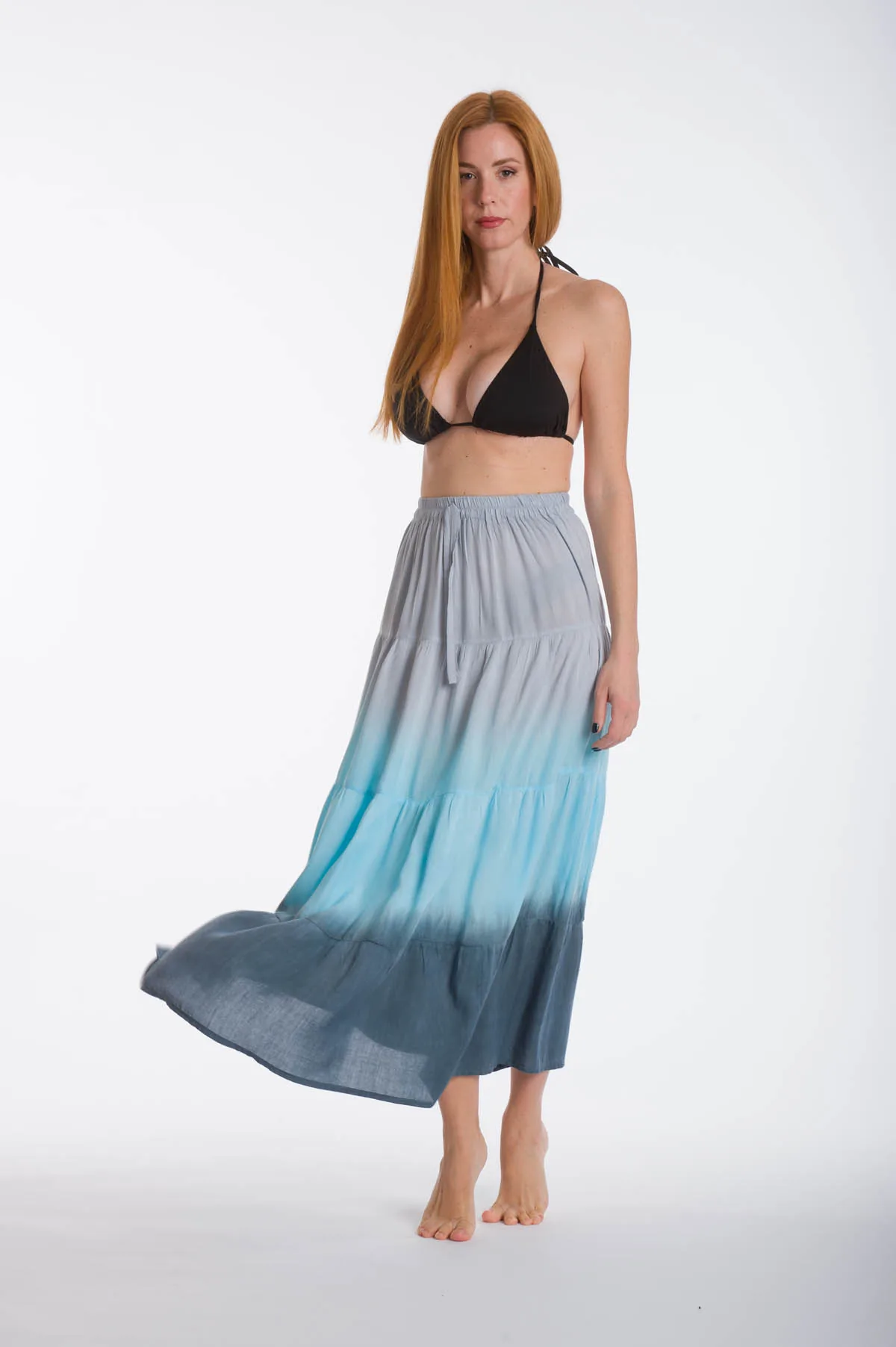 Φουστα tie dye βισκοζ ντεγκαρντε με γυρο λαστιχο - Γκρί;Τυρκουάζ resort wear προϊόν από βισκόζ για καλοκαιρινές resort εμφανίσεις