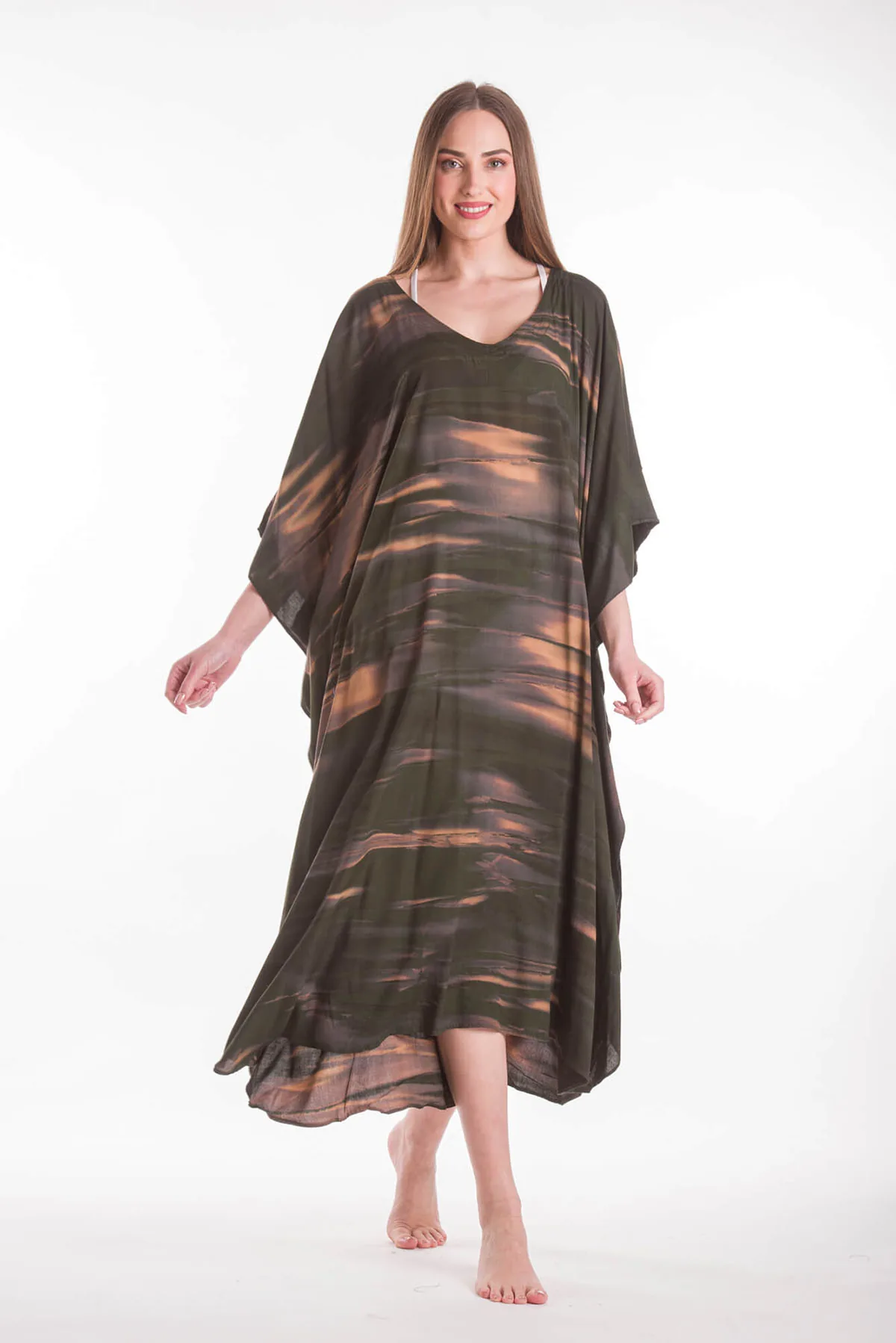Καφτανι βισκοζ tie dye - Καφέ;Χακί καφτάνι παραλίας από βισκόζ για καλοκαιρινές resort εμφανίσεις