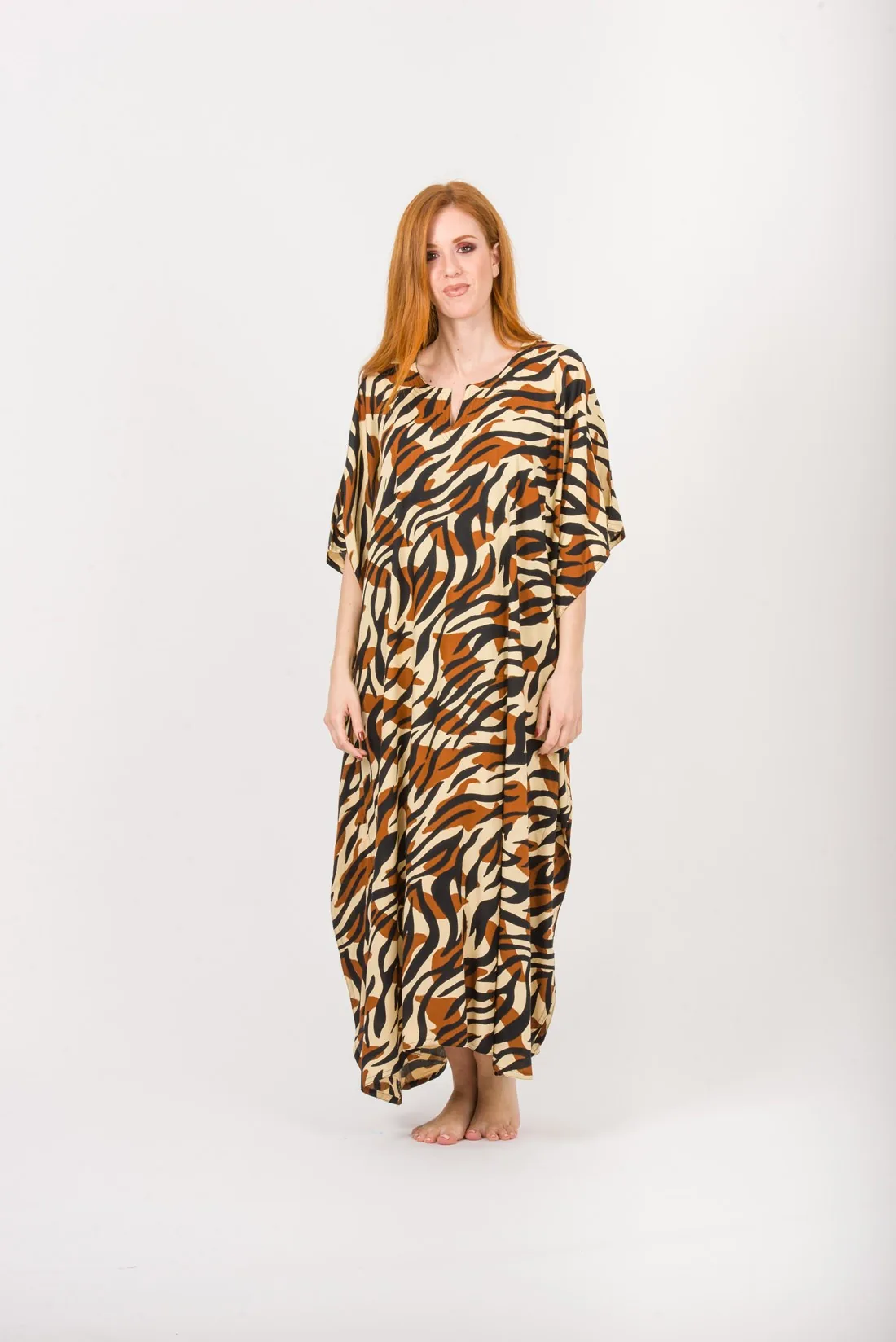 Καφτανι βισκοζ animal print - Καφέ καφτάνι παραλίας από βισκόζ για καλοκαιρινές resort εμφανίσεις