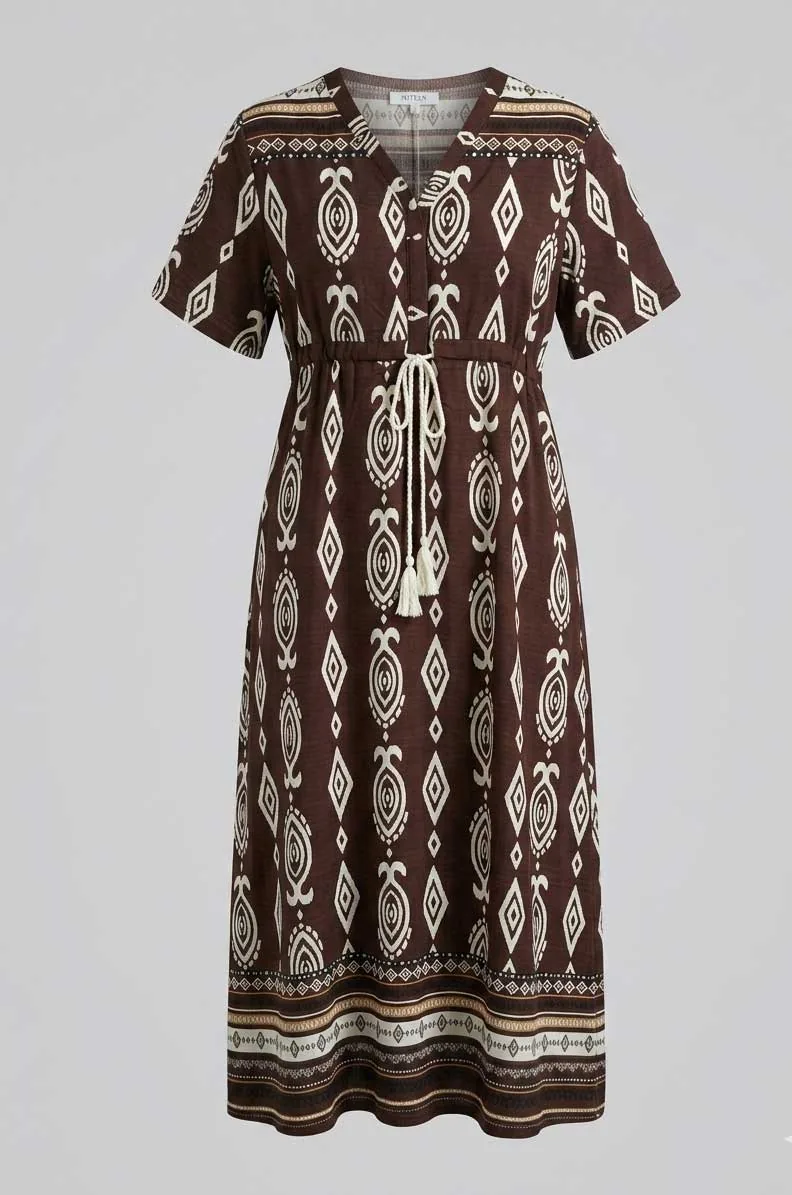 Σοκολά boho resort ethnic print βισκοζ- λινό καφτάνι - φορεμα με κοντό μανικι - Καφέ φόρεμα παραλίας από βισκόζ για καλοκαιρινές resort εμφανίσεις