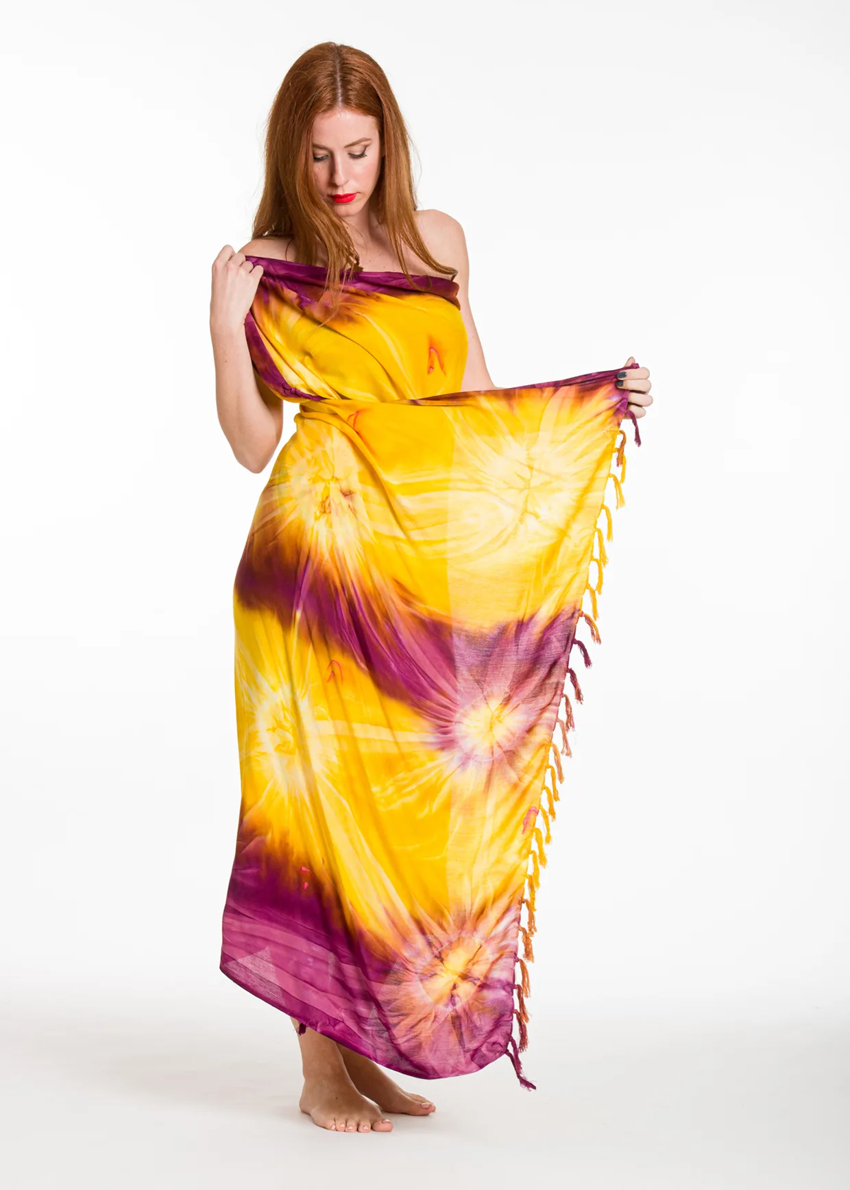Παρεο βισκοζ tie dye εκρηξη με κροσσια - Κίτρινο;Μώβ παρεό παραλίας για καλοκαιρινές resort εμφανίσεις