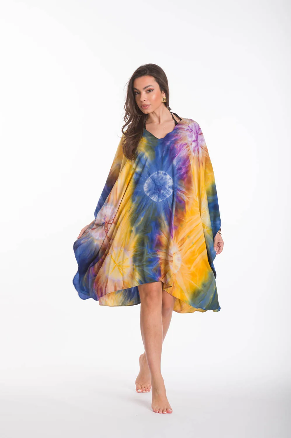 Κίτρινο καφτανι midi βισκοζ tie dye εκρηξη - Κίτρινο;Μπλέ καφτάνι παραλίας από βισκόζ για καλοκαιρινές resort εμφανίσεις