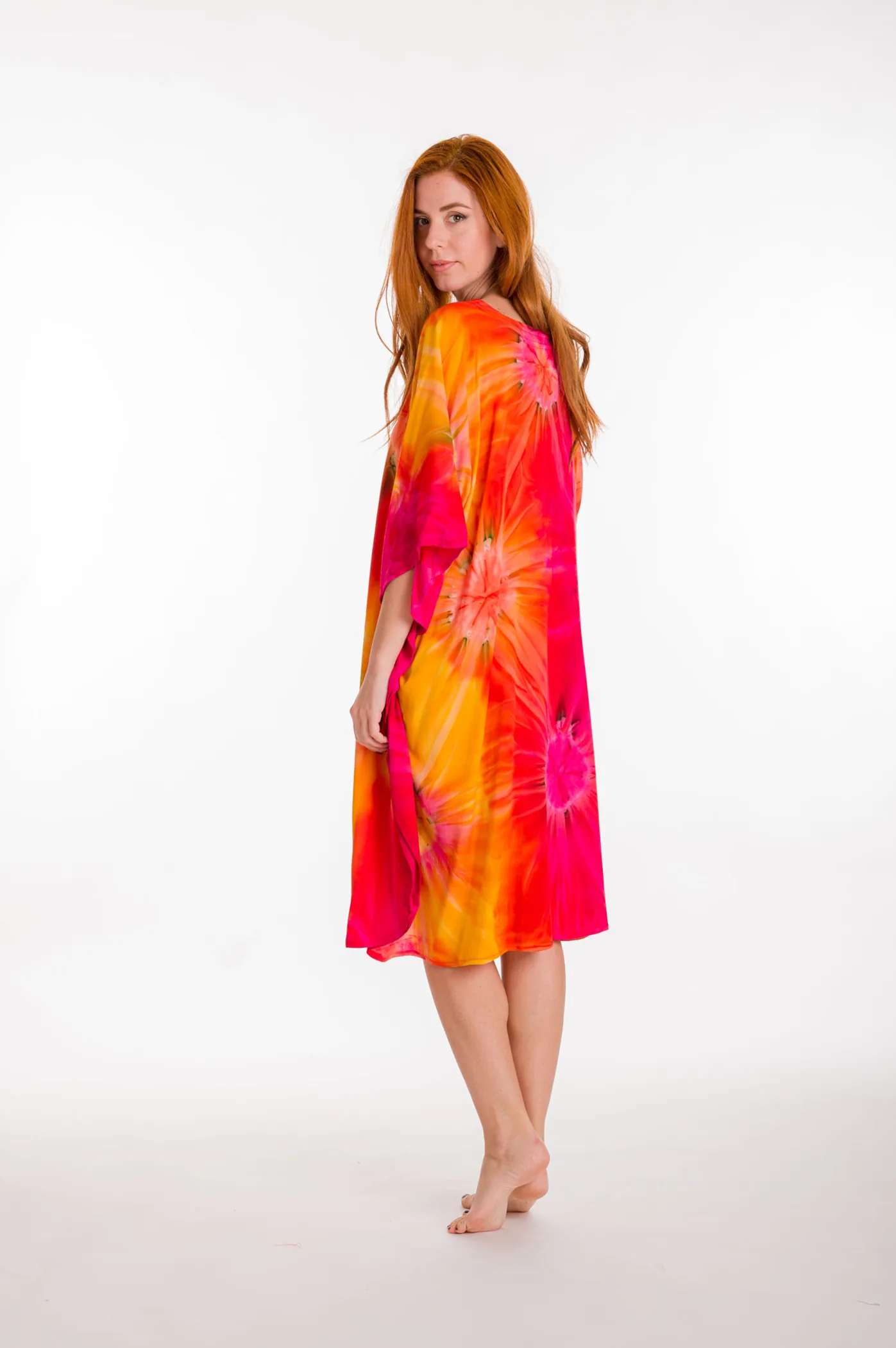 Καφτανι midi βισκοζ tie dye εκρηξη - Κίτρινο;Πορτοκαλί καφτάνι παραλίας από βισκόζ για καλοκαιρινές resort εμφανίσεις