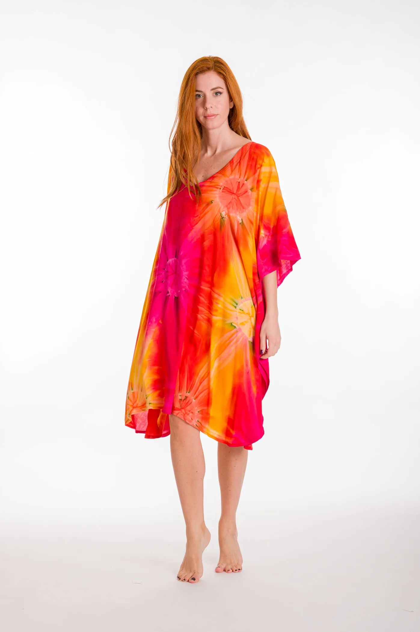 Καφτανι midi βισκοζ tie dye εκρηξη - Κίτρινο;Πορτοκαλί καφτάνι παραλίας από βισκόζ για καλοκαιρινές resort εμφανίσεις