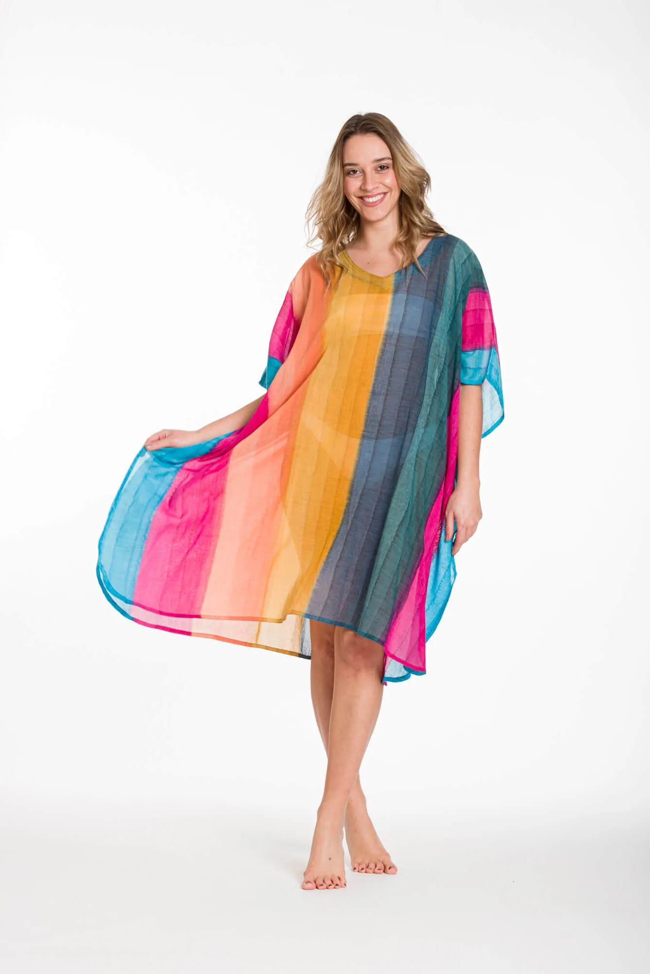 Ποντσο tie dye ριγε βαμβακερο - Κίτρινο;Πορτοκαλί;Ράφ;Φούξια πόντσο παραλίας από βαμβακερό για καλοκαιρινές resort εμφανίσεις