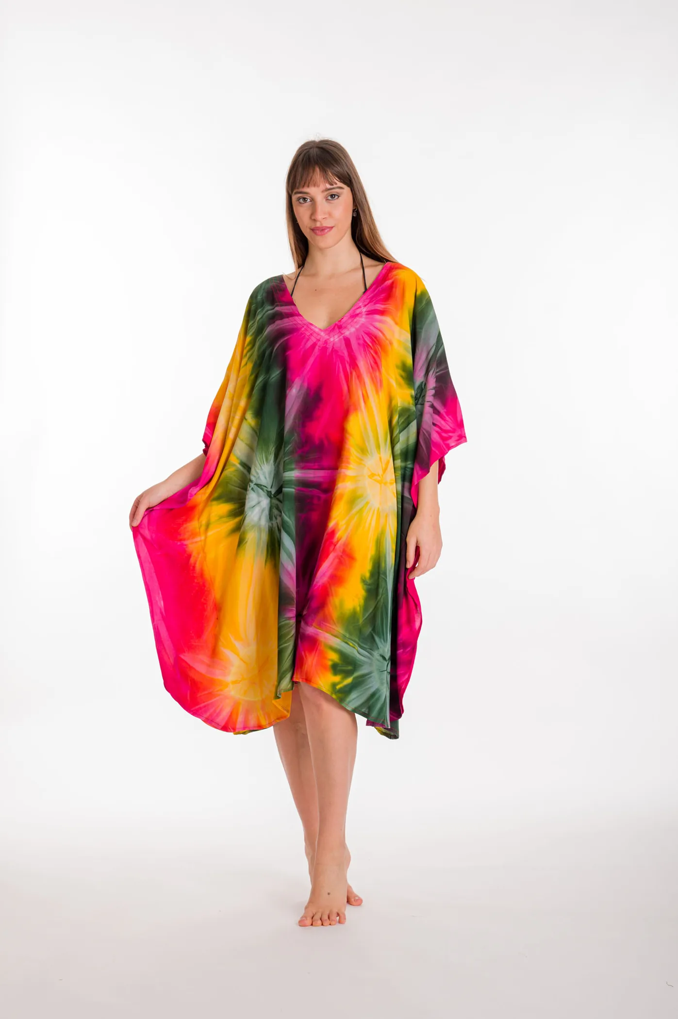Καφτανι midi βισκοζ tie dye εκρηξη - Κίτρινο;Πράσινο καφτάνι παραλίας από βισκόζ για καλοκαιρινές resort εμφανίσεις