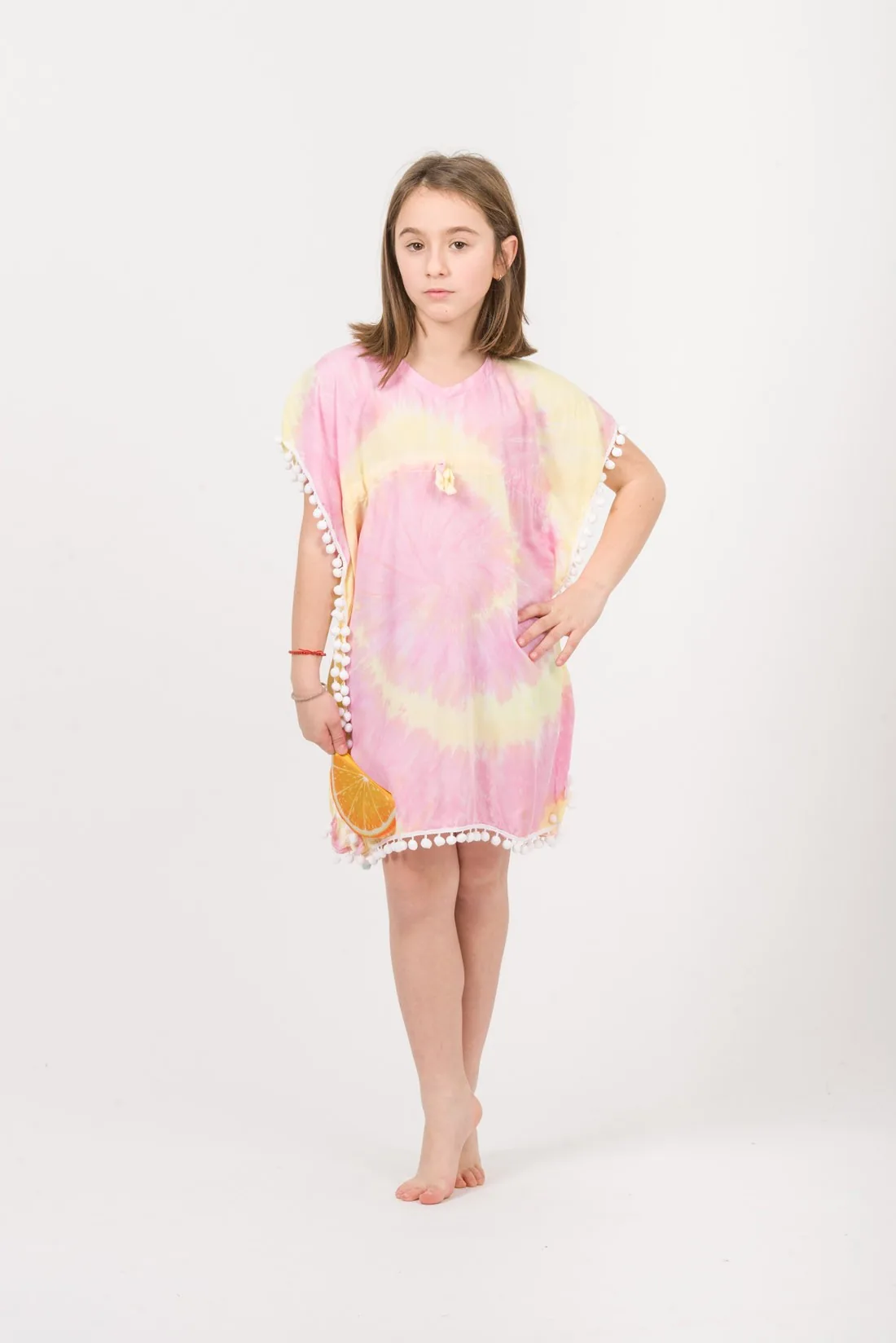 Ποντσο παιδικο βισκοζ ντεγκραντε tie dye με pon pon & adjuster - Κίτρινο;Ρόζ παιδικό καφτάνι παραλίας για καλοκαιρινές resort εμφανίσεις