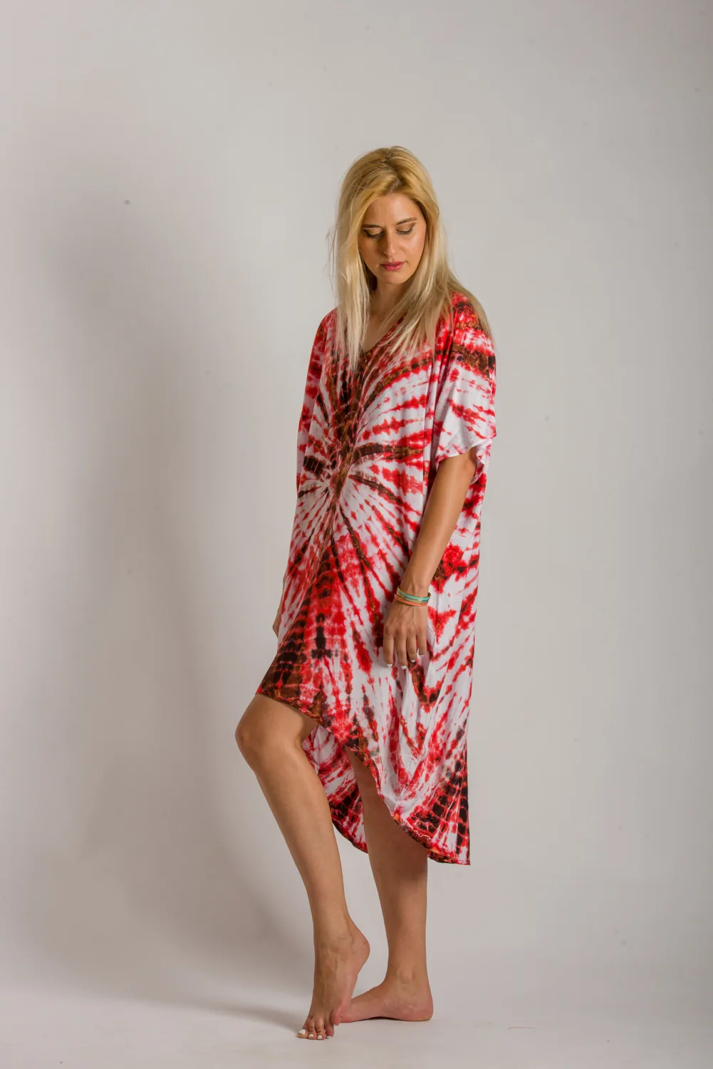Καφτανι ασυμμετρο βισκοζ tie dye εκρηξη - Κόκκινο καφτάνι παραλίας από βισκόζ για καλοκαιρινές resort εμφανίσεις