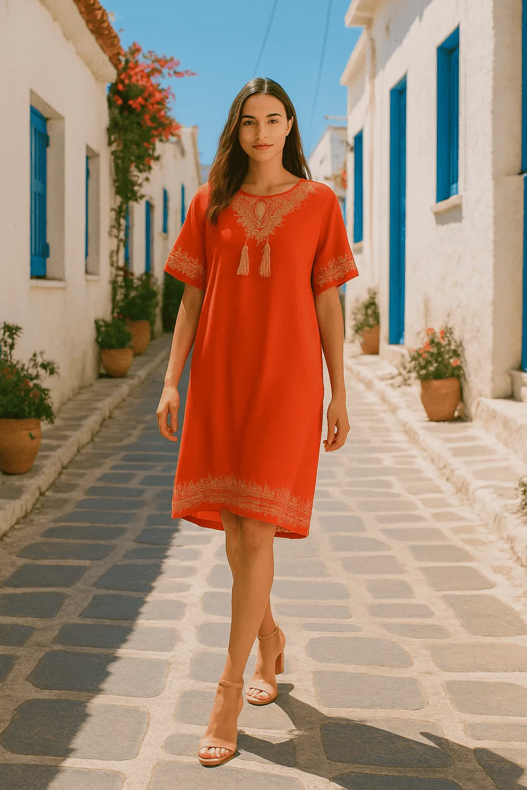 Καφτανι midi με κεντημα viscose - καφτάνια-παρεό - kaftania.gr - Κοραλί παρεό παραλίας από βισκόζ για καλοκαιρινές resort εμφανίσεις