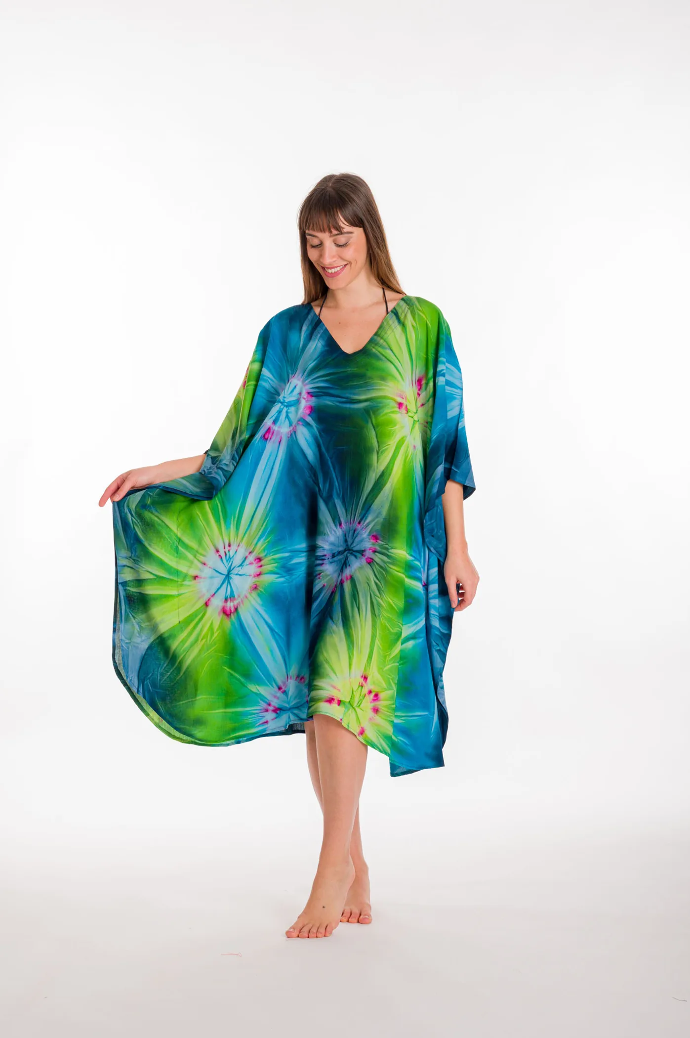 Καφτανι midi βισκοζ tie dye εκρηξη - Λαχανί καφτάνι παραλίας από βισκόζ για καλοκαιρινές resort εμφανίσεις
