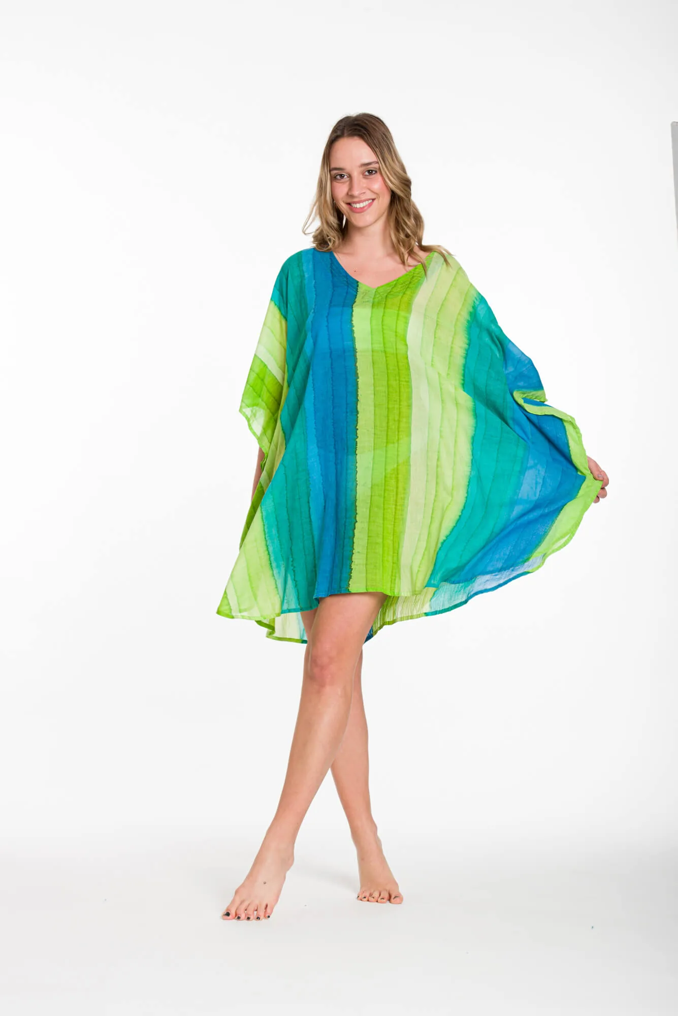 Ποντσο tie dye ριγε βαμβακερο - Λαχανί;Μπλέ;Τυρκουάζ πόντσο παραλίας από βαμβακερό για καλοκαιρινές resort εμφανίσεις