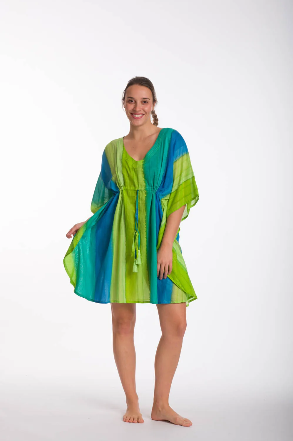 Λαχανί ποντσο tie dye ριγε βαμβακερο με κορδονι - Λαχανί;Τυρκουάζ πόντσο παραλίας από βαμβακερό για καλοκαιρινές resort εμφανίσεις
