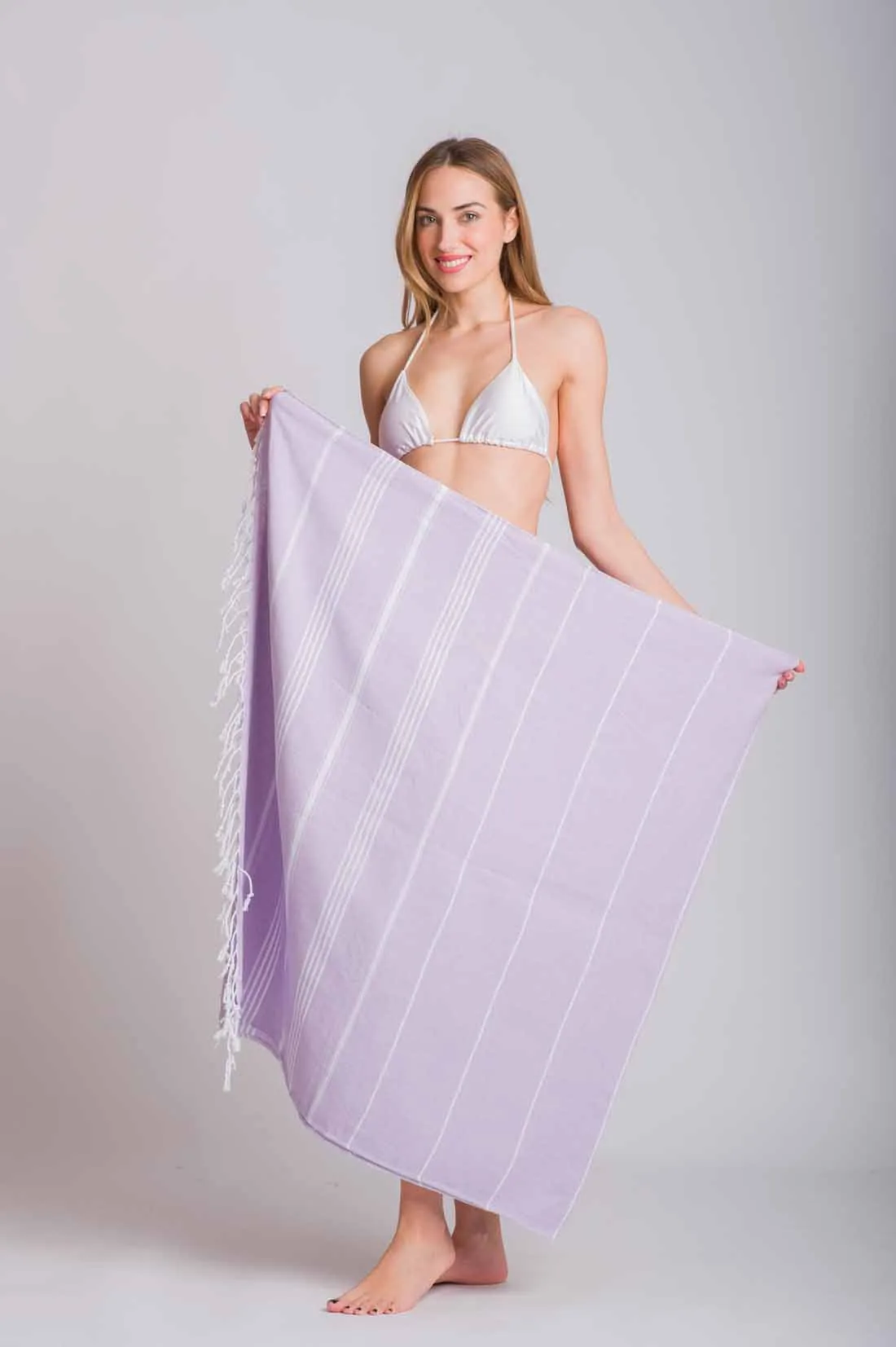 Λιλά πετσετα θαλασσης pestemal - ριχταρι με κροσσια 300gr (180 x 100 cm) - Λιλά;Μπέζ πετσέτα θαλάσσης από βαμβακερό για καλοκαιρινές resort εμφανίσεις