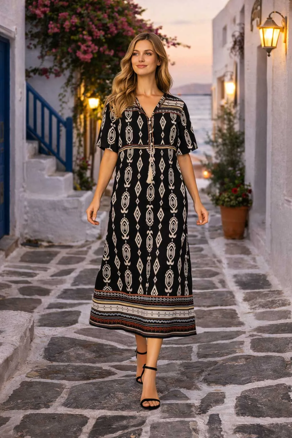 Μαυρο boho resort ethnic print βισκοζ- λινό καφτάνι - φορεμα με κοντό μανικι - Μαύρο φόρεμα παραλίας από βισκόζ για καλοκαιρινές resort εμφανίσεις