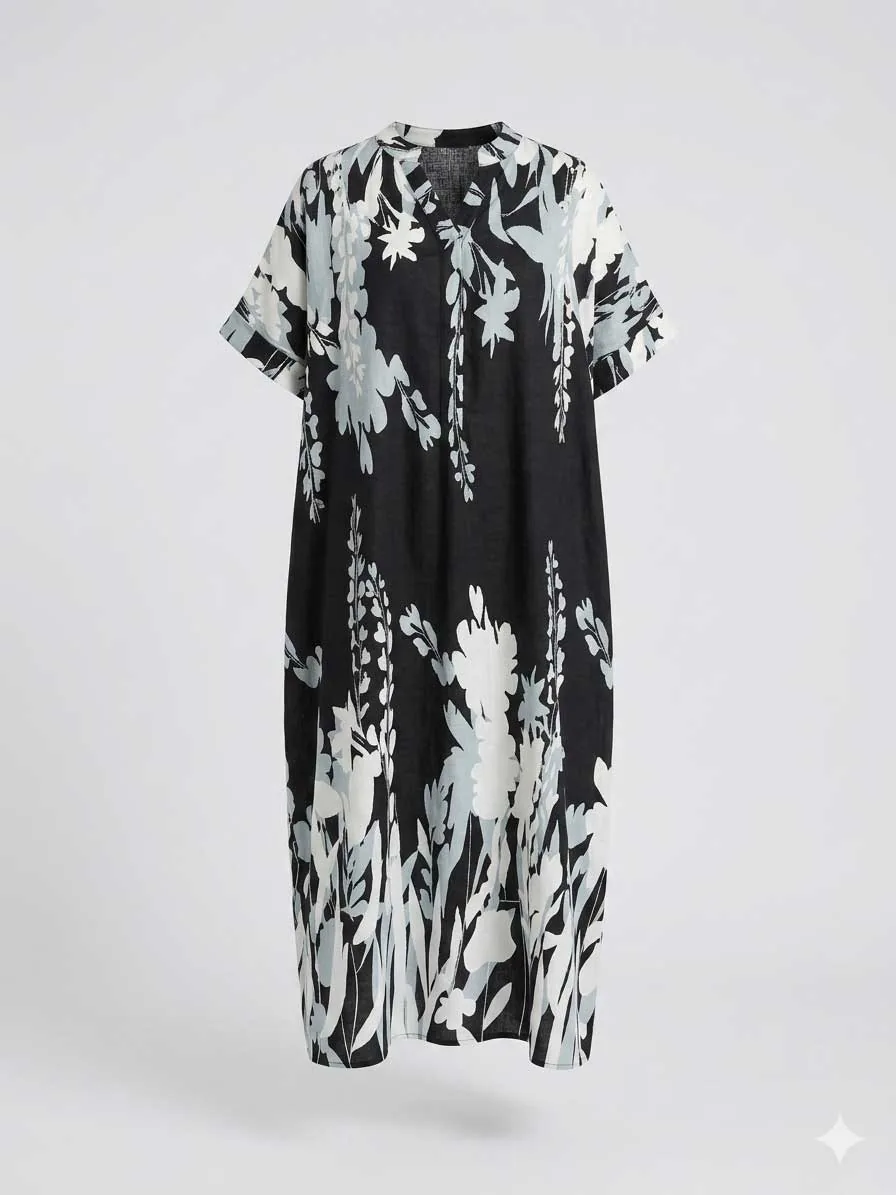 Μαυρο floral resort wear καφτάνι - φορεμα βισκοζ με κοντο μανικι - Μαύρο φόρεμα παραλίας από βαμβάκι για καλοκαιρινές resort εμφανίσεις