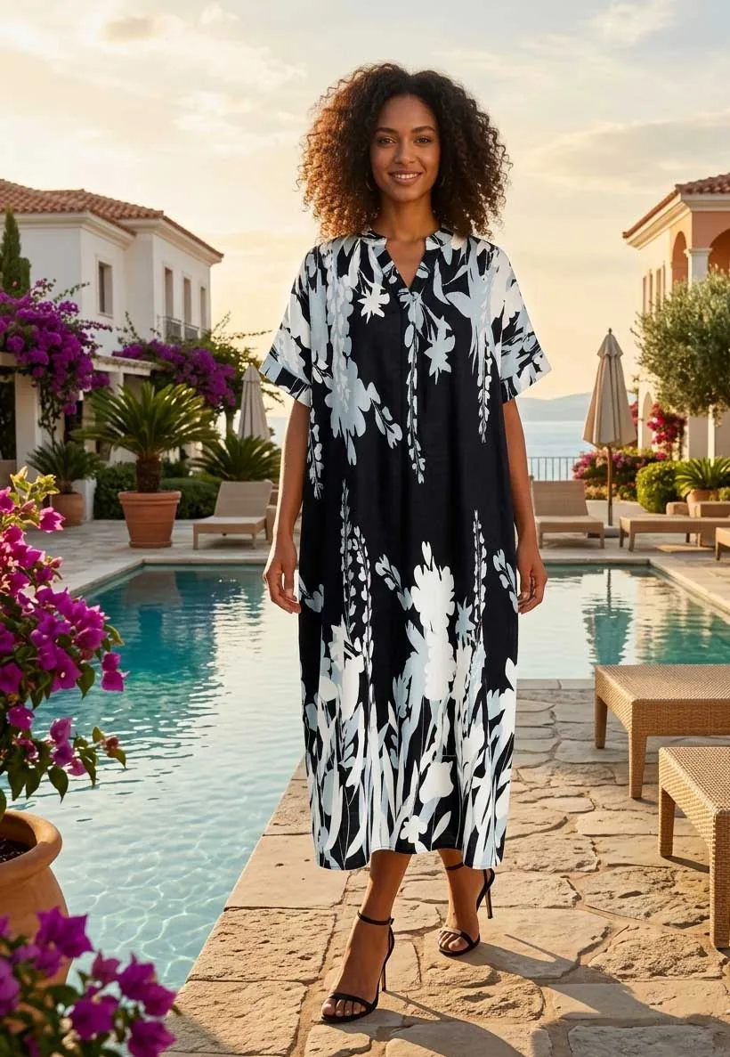 Μαυρο floral resort wear καφτάνι - φορεμα βισκοζ με κοντο μανικι - Μαύρο παρεό παραλίας από βαμβάκι για καλοκαιρινές resort εμφανίσεις