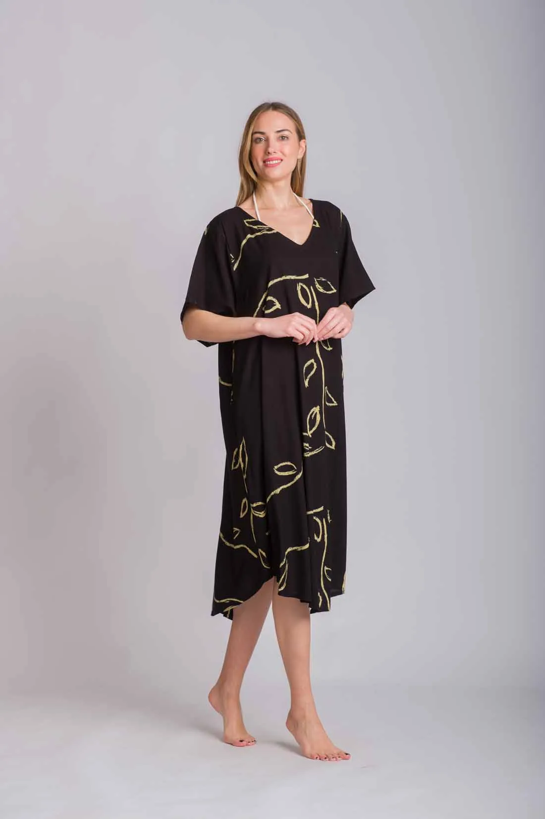Μαυρο φορεμα viscose crincle oval με κοντο μανικι - Μαύρο φόρεμα παραλίας για καλοκαιρινές resort εμφανίσεις
