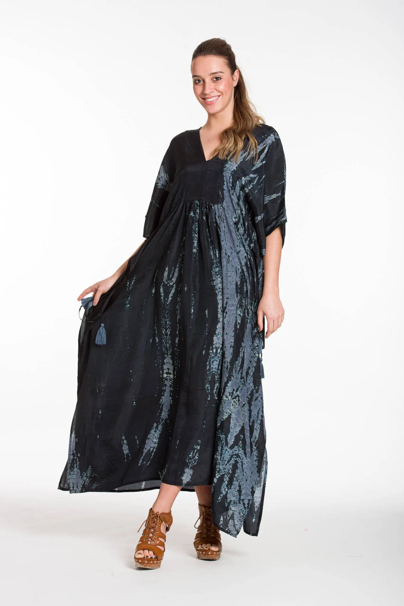 Καφτανι μεταξωτο 100% tie dye με κρυφο adjuster στις πλαινες - Μαύρο καφτάνι παραλίας για καλοκαιρινές resort εμφανίσεις