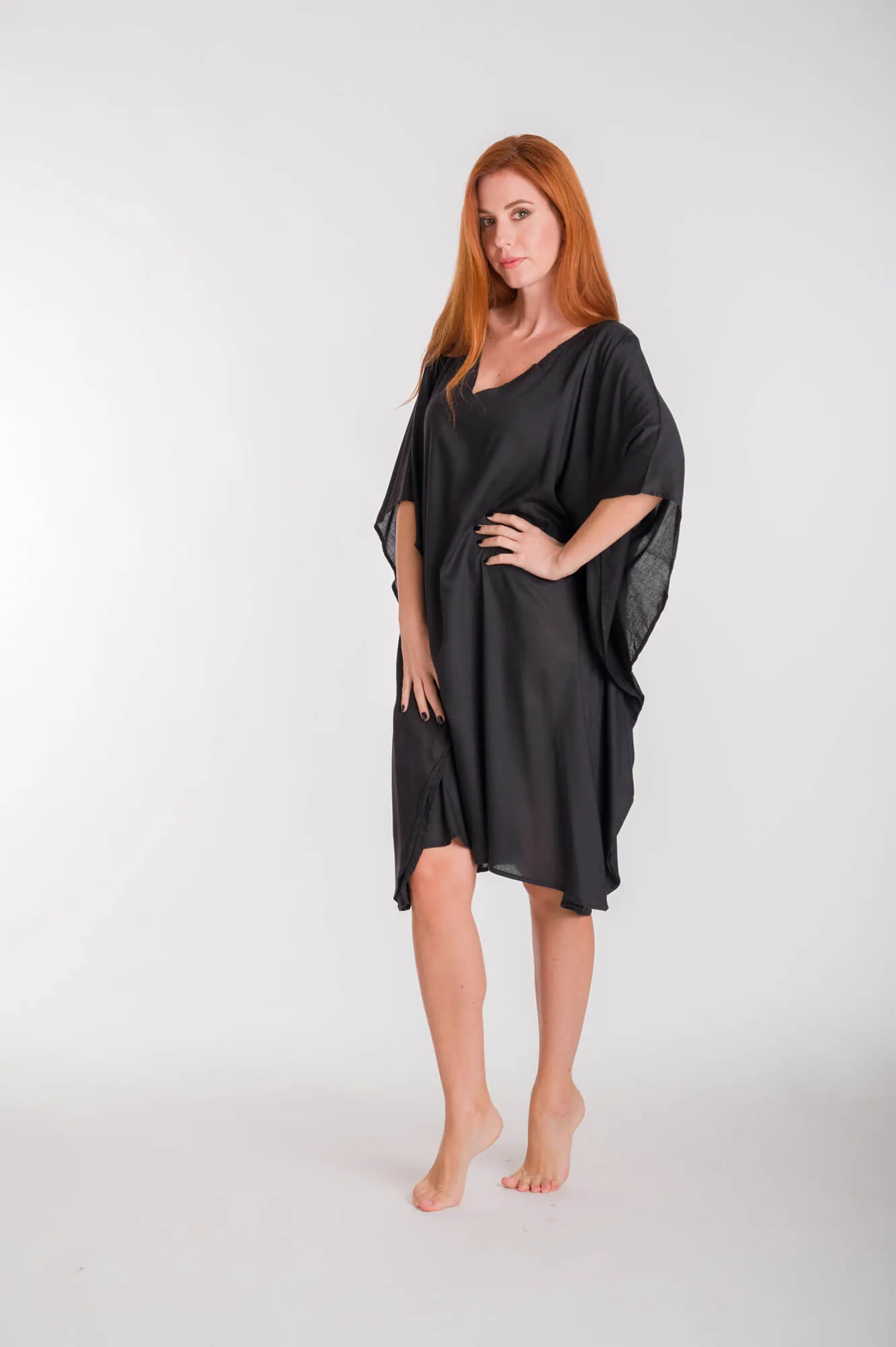 Καφτανι μονοχρωμο midi viscose - Μαύρο καφτάνι παραλίας από βισκόζ για καλοκαιρινές resort εμφανίσεις