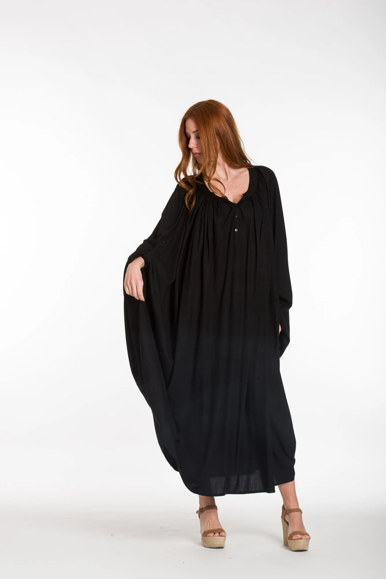 Καφτανι - πουκαμισοφορεμα oversize look με ρυθμιζομενα μανικια - Μαύρο παρεό παραλίας από βισκόζ για καλοκαιρινές resort εμφανίσεις