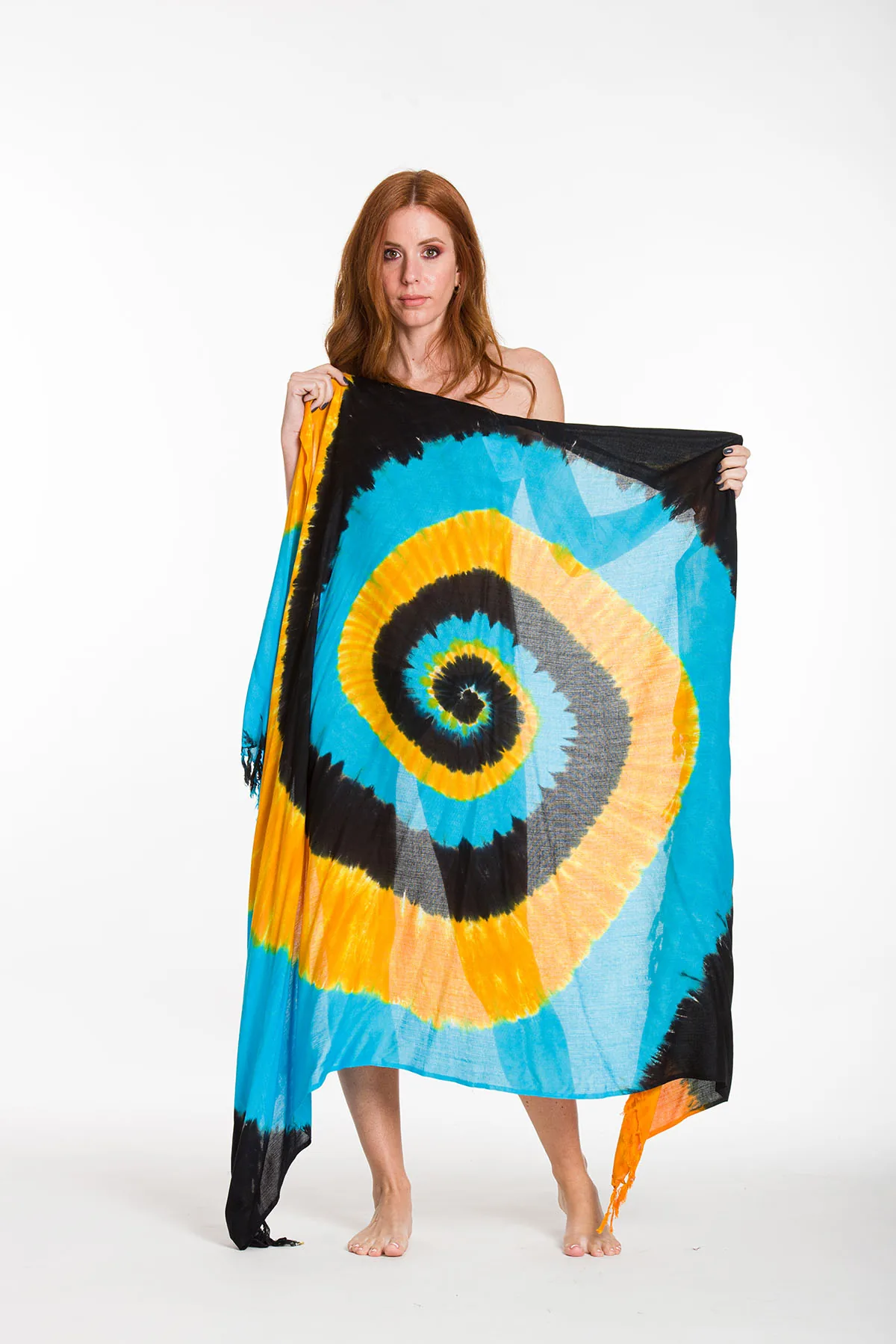 Παρεο βισκοζ tie dye με κροσσια - Μαύρο;Κίτρινο;Τυρκουάζ παρεό παραλίας για καλοκαιρινές resort εμφανίσεις