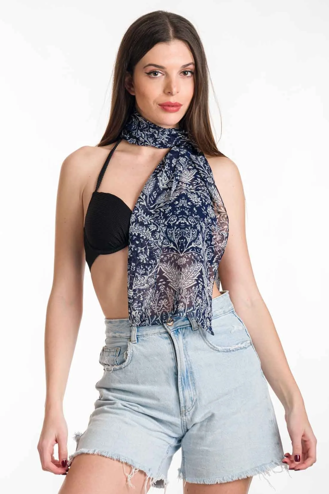 Μπλέ φουλαρι εμπριμέ σιφον - Μαύρο resort wear προϊόν από εμπριμέ για καλοκαιρινές resort εμφανίσεις