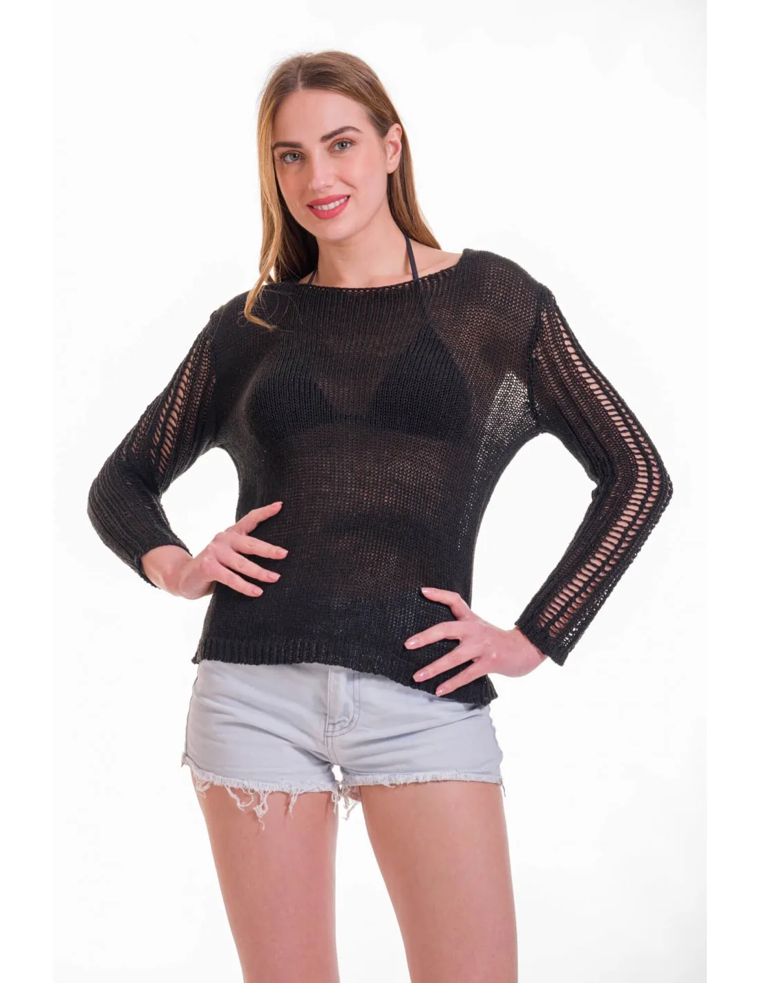 Μπλουζα διχτυ με μανικι βαμβακερη - Μαύρο resort wear προϊόν από βαμβακερό για καλοκαιρινές resort εμφανίσεις