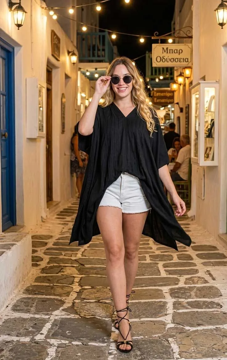 Μαύρο ποντσο βισκοζ μονοχρωμο πλισε - πόντσο παραλίας από βισκόζ για καλοκαιρινές resort εμφανίσεις