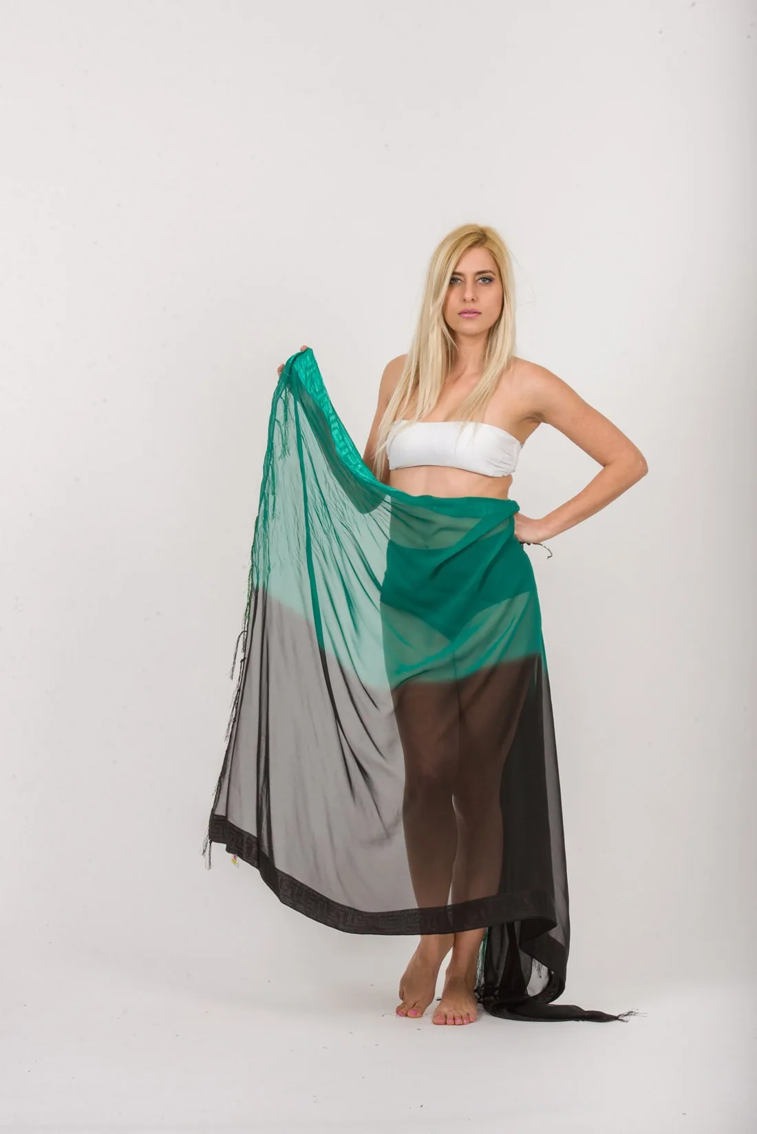 Παρεο chiffon με κεντημα μαιανδρο στην πλεξη - Μαύρο;Πράσινο παρεό παραλίας για καλοκαιρινές resort εμφανίσεις