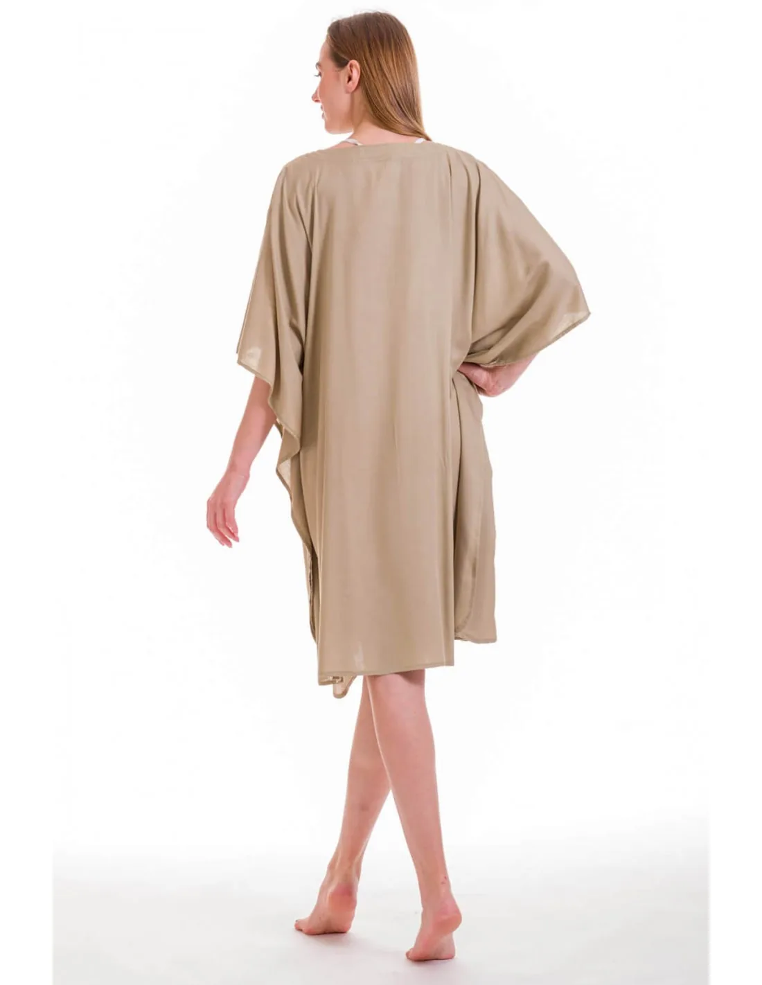 Μπέζ καφτανι μονοχρωμο midi viscose - καφτάνι παραλίας από βισκόζ για καλοκαιρινές resort εμφανίσεις